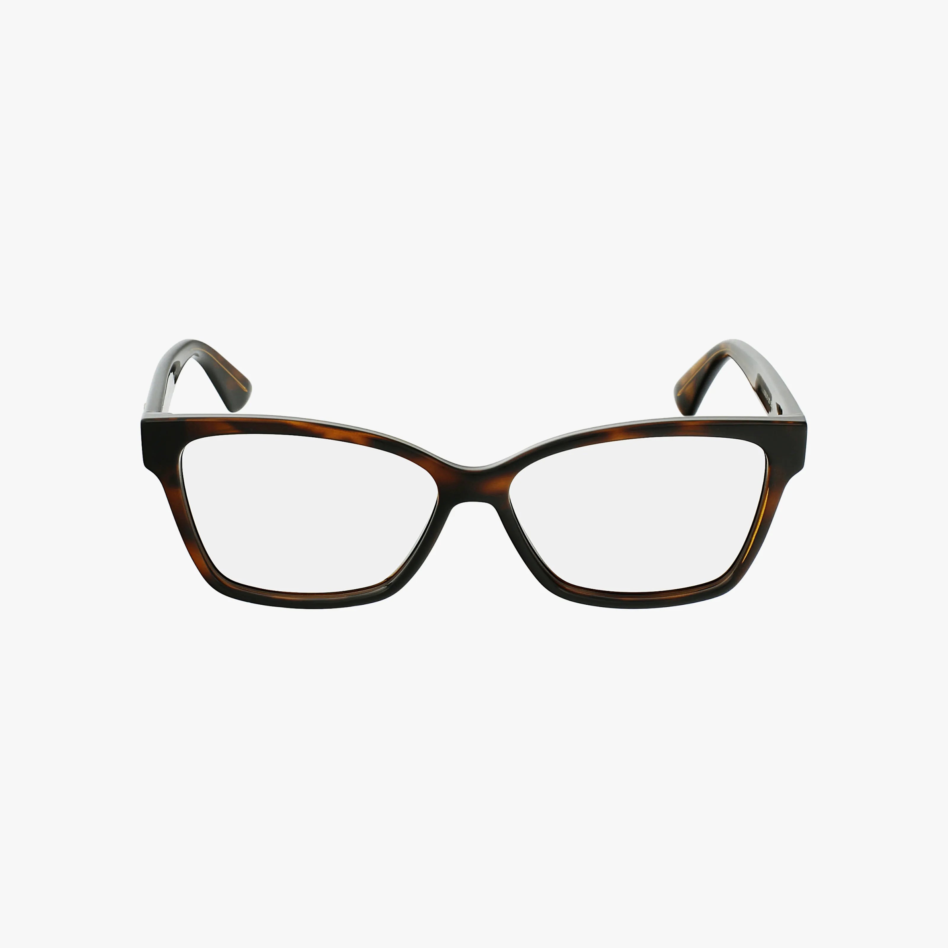The GG0634O designer eyeglass frames feature rectangular, tortoiseshell-patterned rims and clear lenses, showcased on a white background and embodying Guccis iconic luxury style.