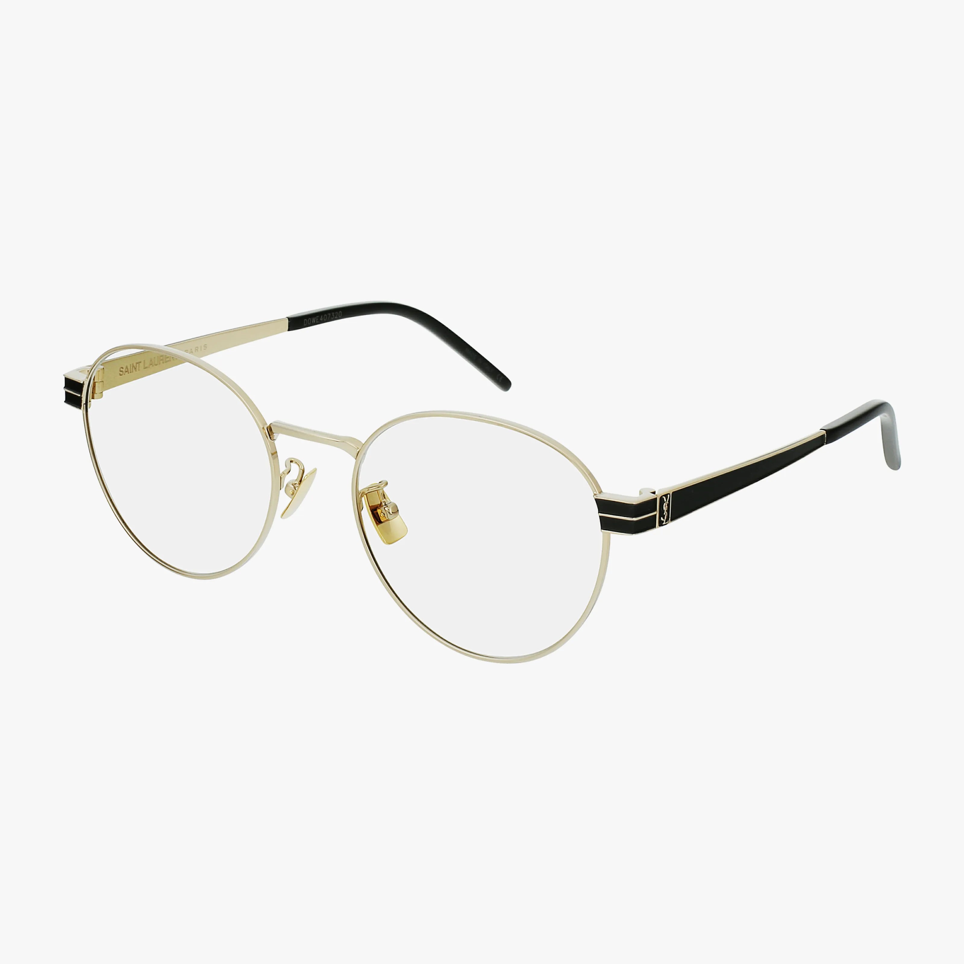The SL M63 eyeglasses feature gold-rimmed oval frames, black temple arms, clear Transitions lenses, and a small decorative gold padlock charm on one side, displayed against a plain white background.