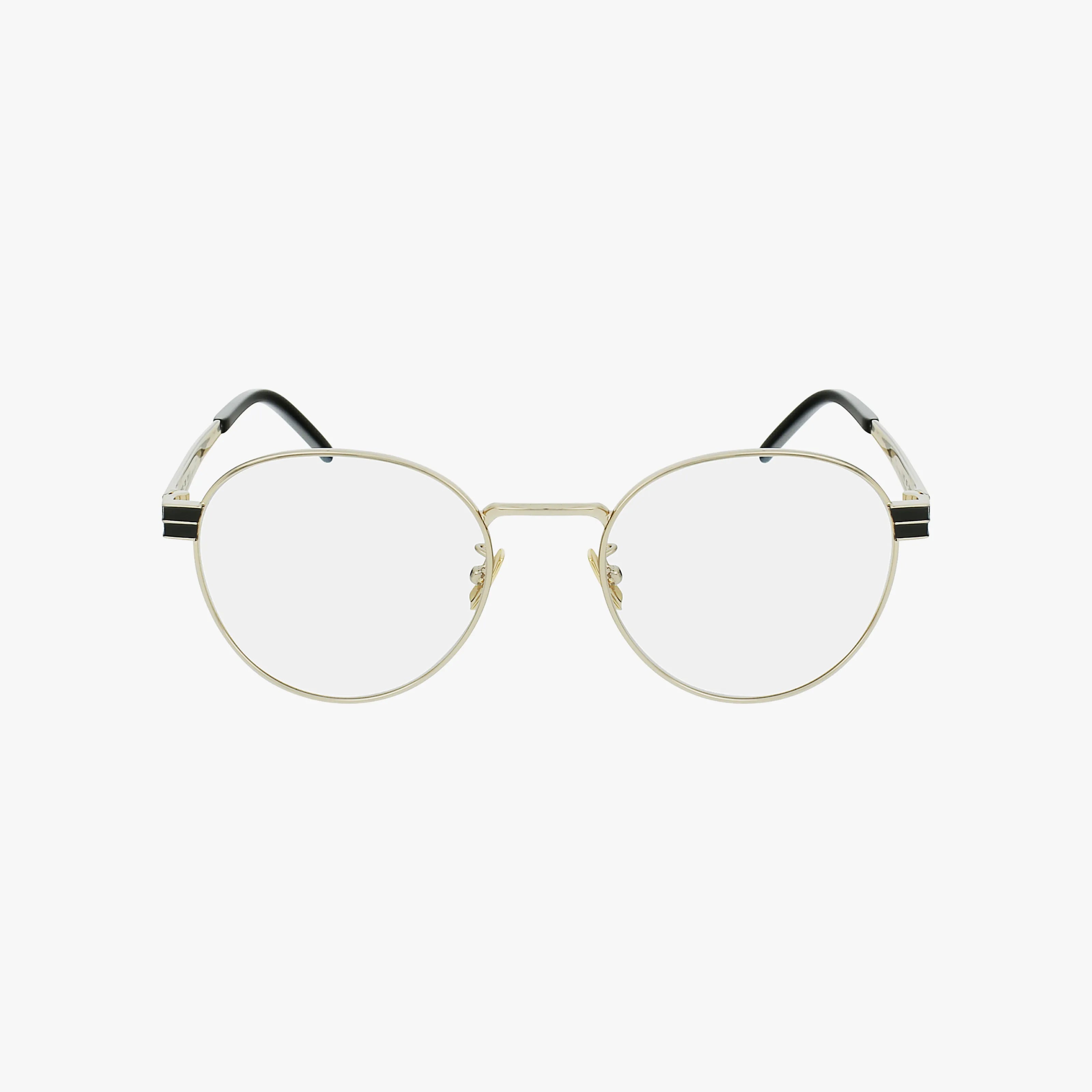 SL M63 gold wireframe eyeglasses with round Transitions lenses, clear nose pads, and black temple tips are shown against a plain white background—a truly stylish frame.