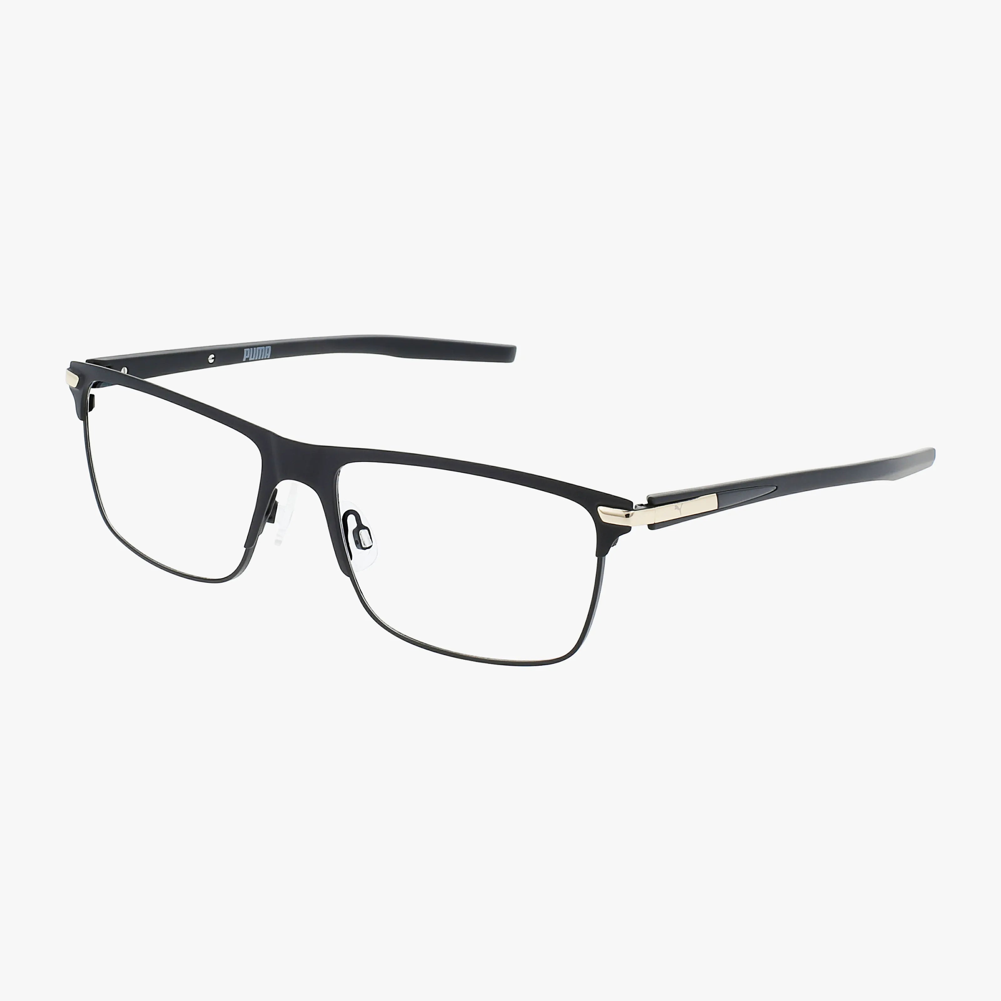 The PU0276O features black rectangular eyeglasses with a lightweight frame, clear lenses, adjustable nose pads, and subtle gold accents on the hinges, displayed against a white background.