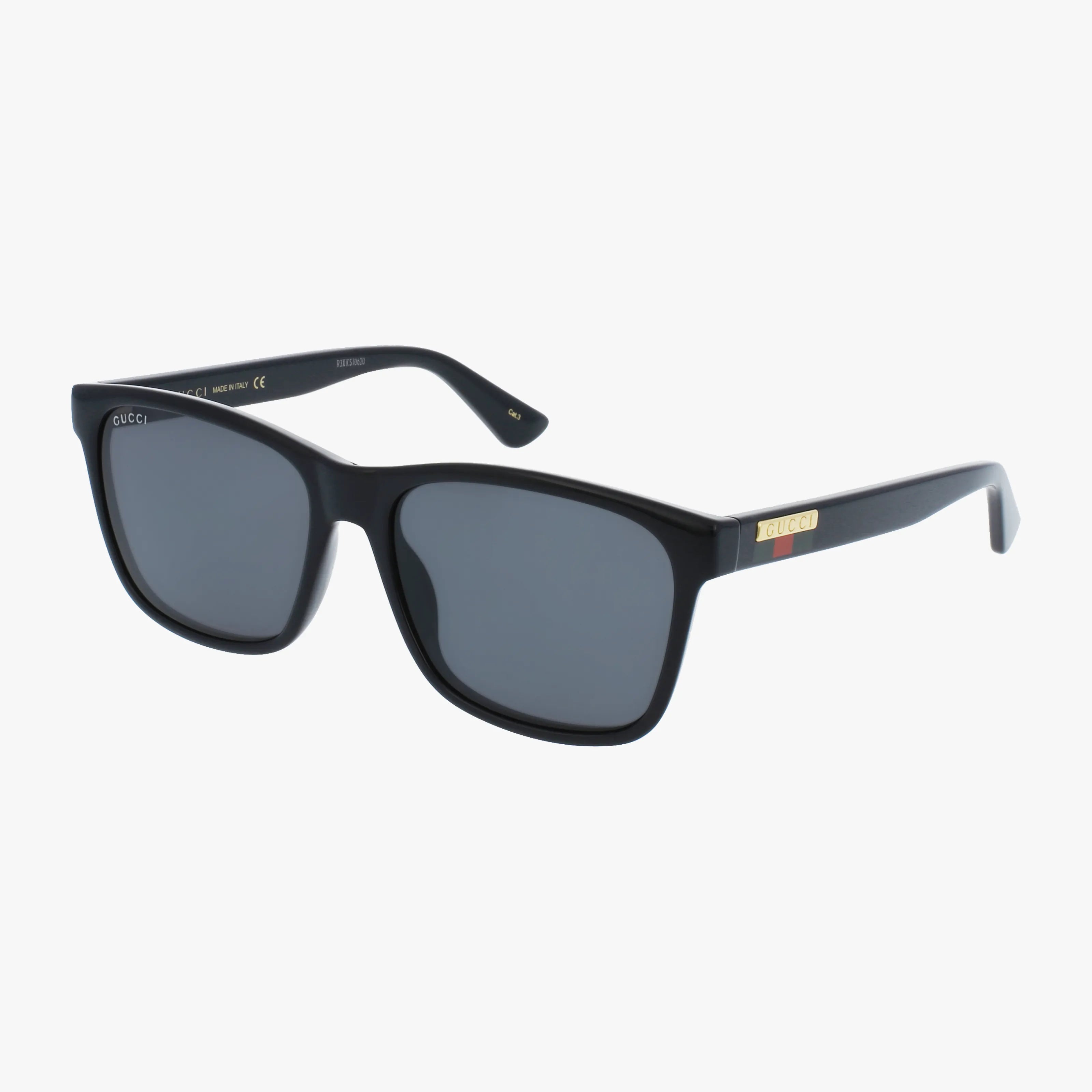 The GG0746S are black rectangular Gucci sunglasses with dark lenses, a green-red stripe, and the Gucci logo on the temples—shown as a stylish accessory against a plain white background.