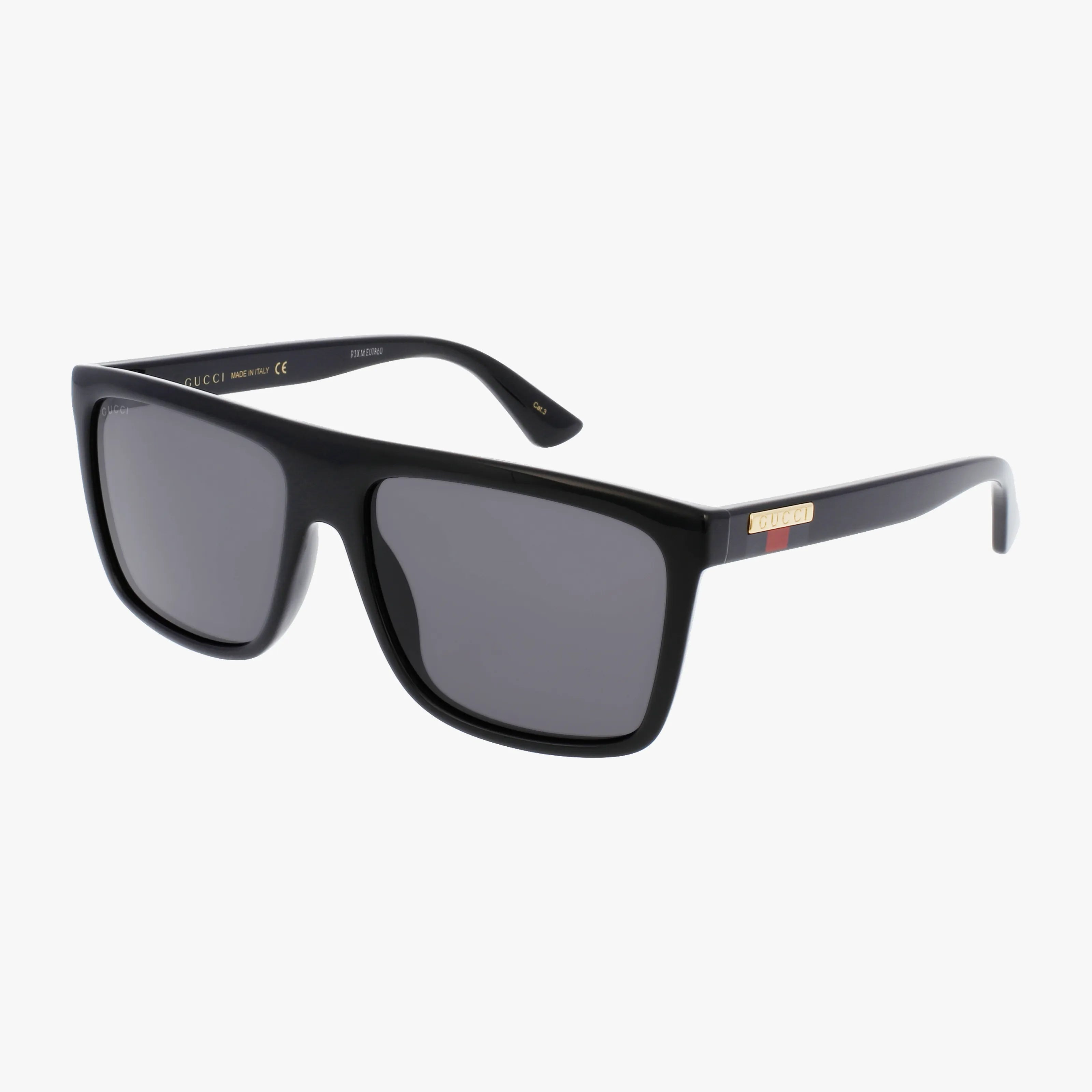 The GG0748S are black rectangular Gucci sunglasses with dark lenses, a thick frame, gold Gucci logo on the temple, and a red-green stripe accent that stands out against the white background.