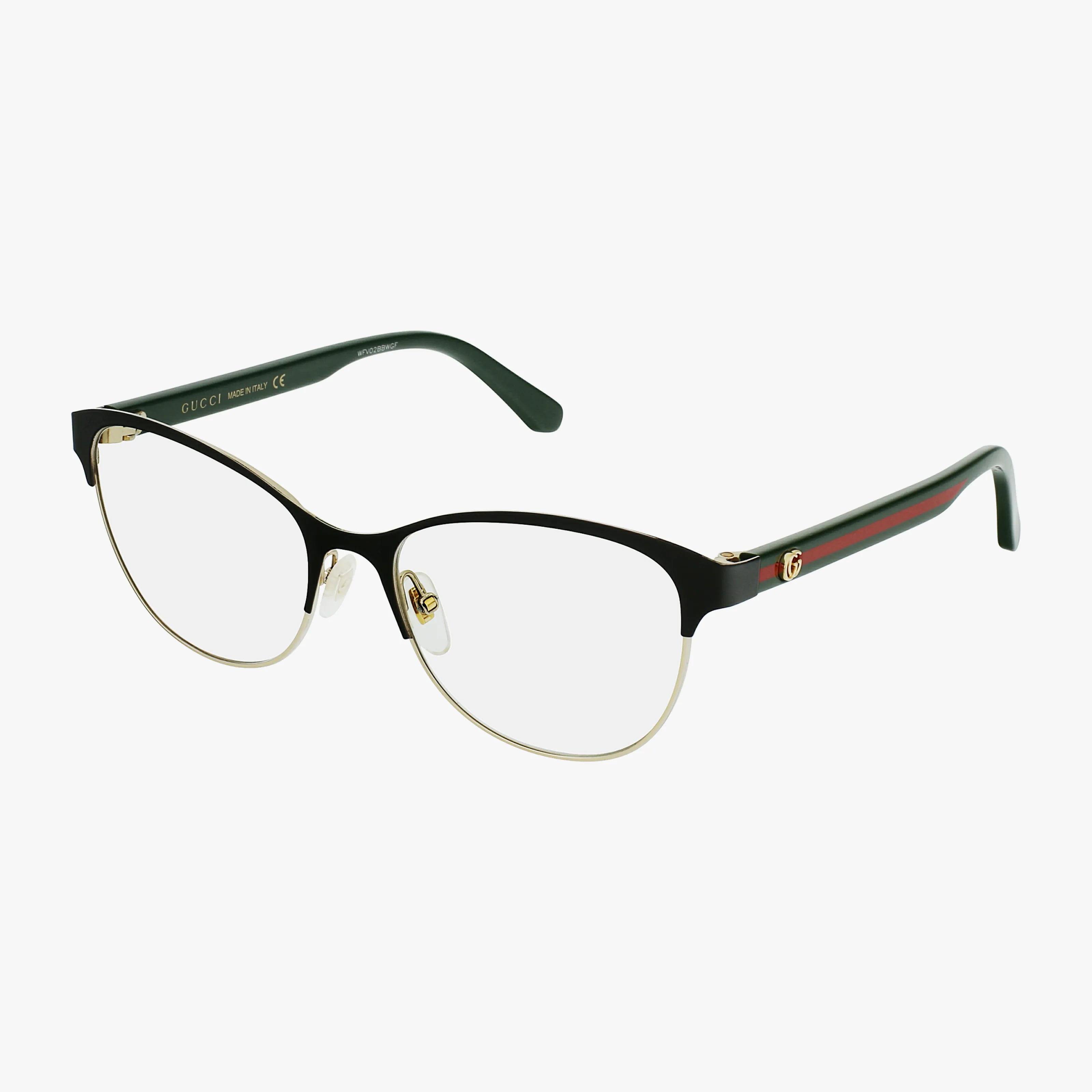 The GG0718O features clear or prescription lenses, a thin gold metal rim, black frame, iconic green-red stripes on the temples, and a gold Gucci logo—an elegant Italian-designed eyewear accessory.