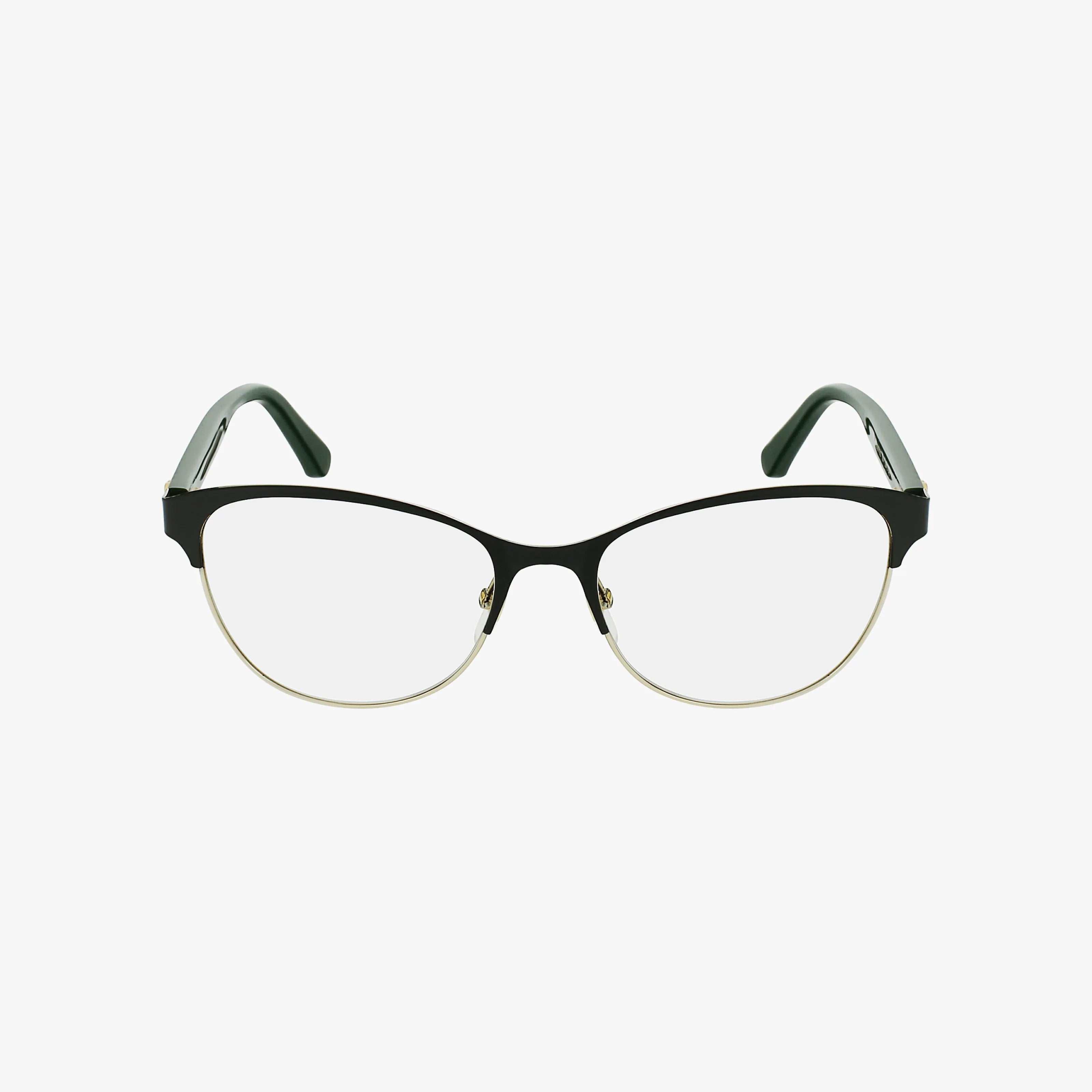 The GG0718O eyeglasses feature Italian design with black upper frames, gold lower rims, clear lenses, and dark temple arms, shown on a white background.
