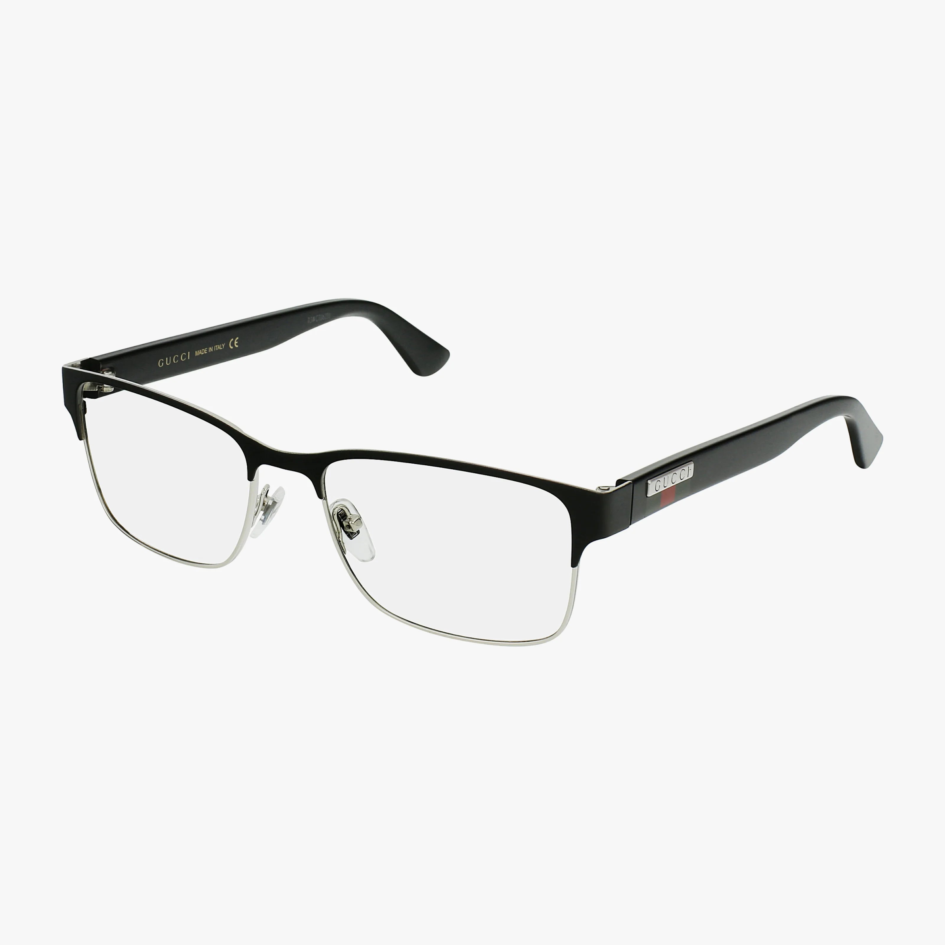 The GG0750O eyeglasses feature a black and silver rectangular design with thin metal rims below, black plastic on top, adjustable nose pads, tortoise temples, and the Gucci logo on the temples for a stylish finish.