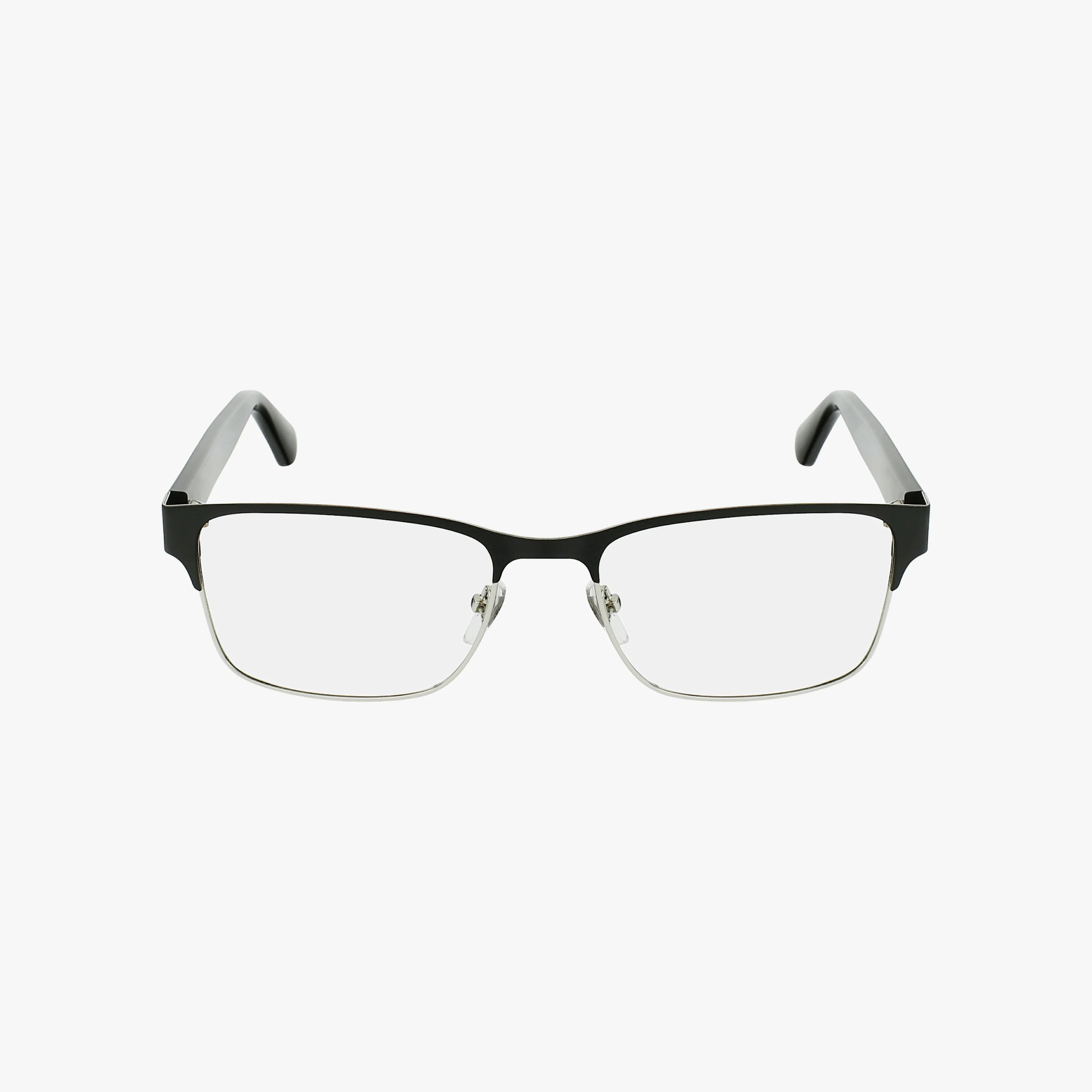 Gucci GG0750O rectangular metal frame glasses feature a black upper frame, silver lower rims, clear lenses with blue light protection, and tortoise temples. Shown on a plain white background.