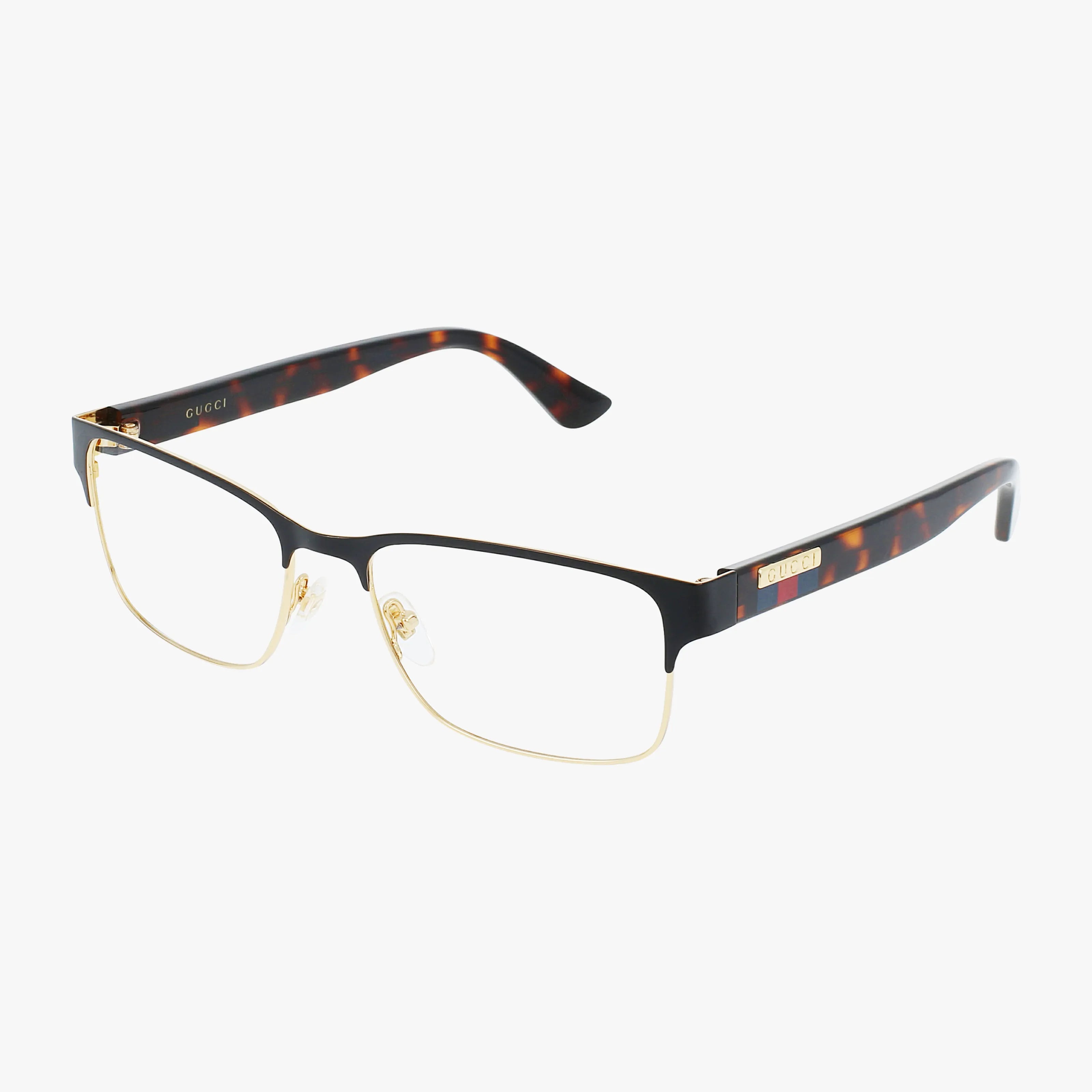 The GG0750O features a metal frame with black and gold details, tortoise temples, Gucci logo on the temple, and blue light protection.