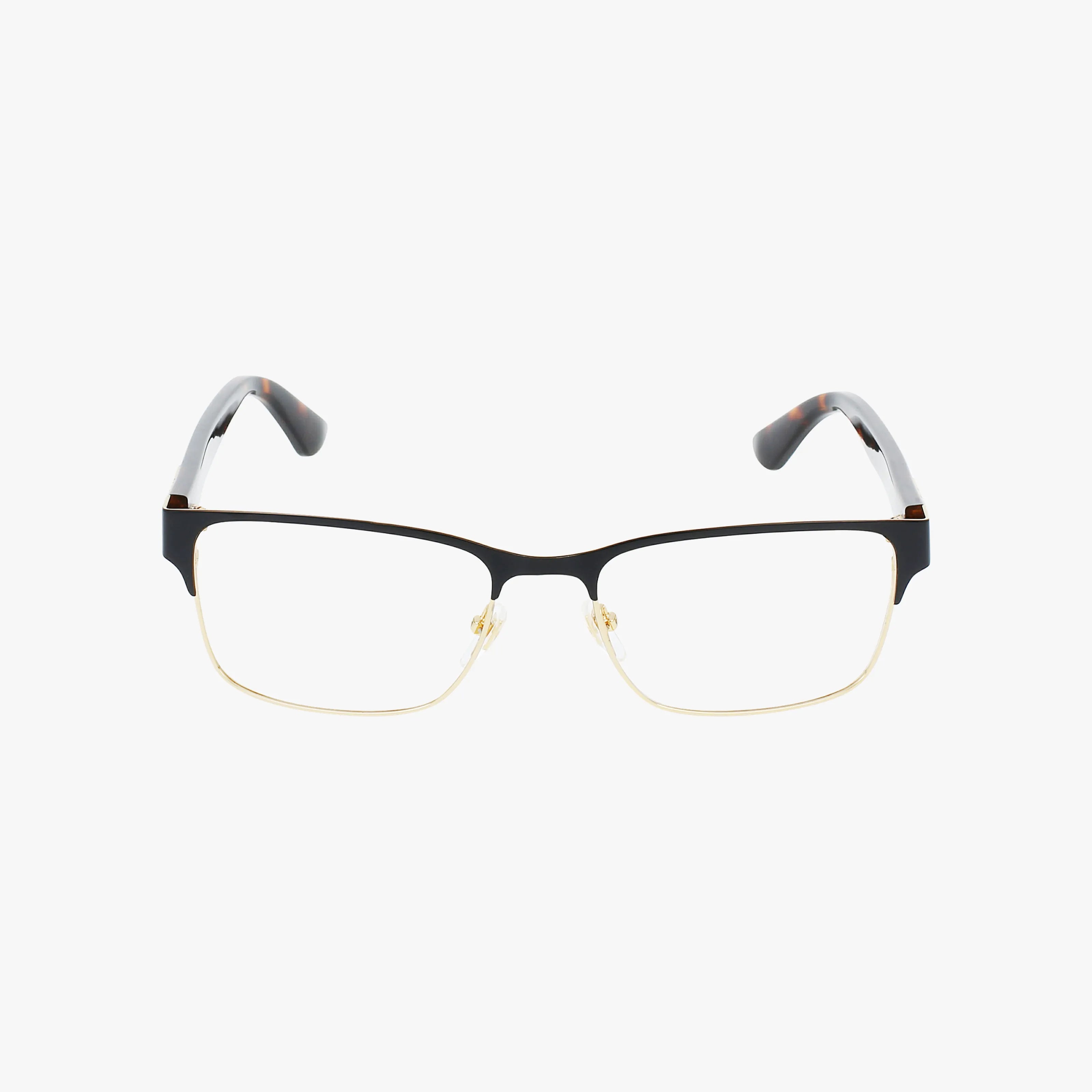 Gucci GG0750O glasses feature a metal frame with black tops, gold lower rims, and tortoise temples. Designed for blue light protection and style, theyre displayed on a white background.