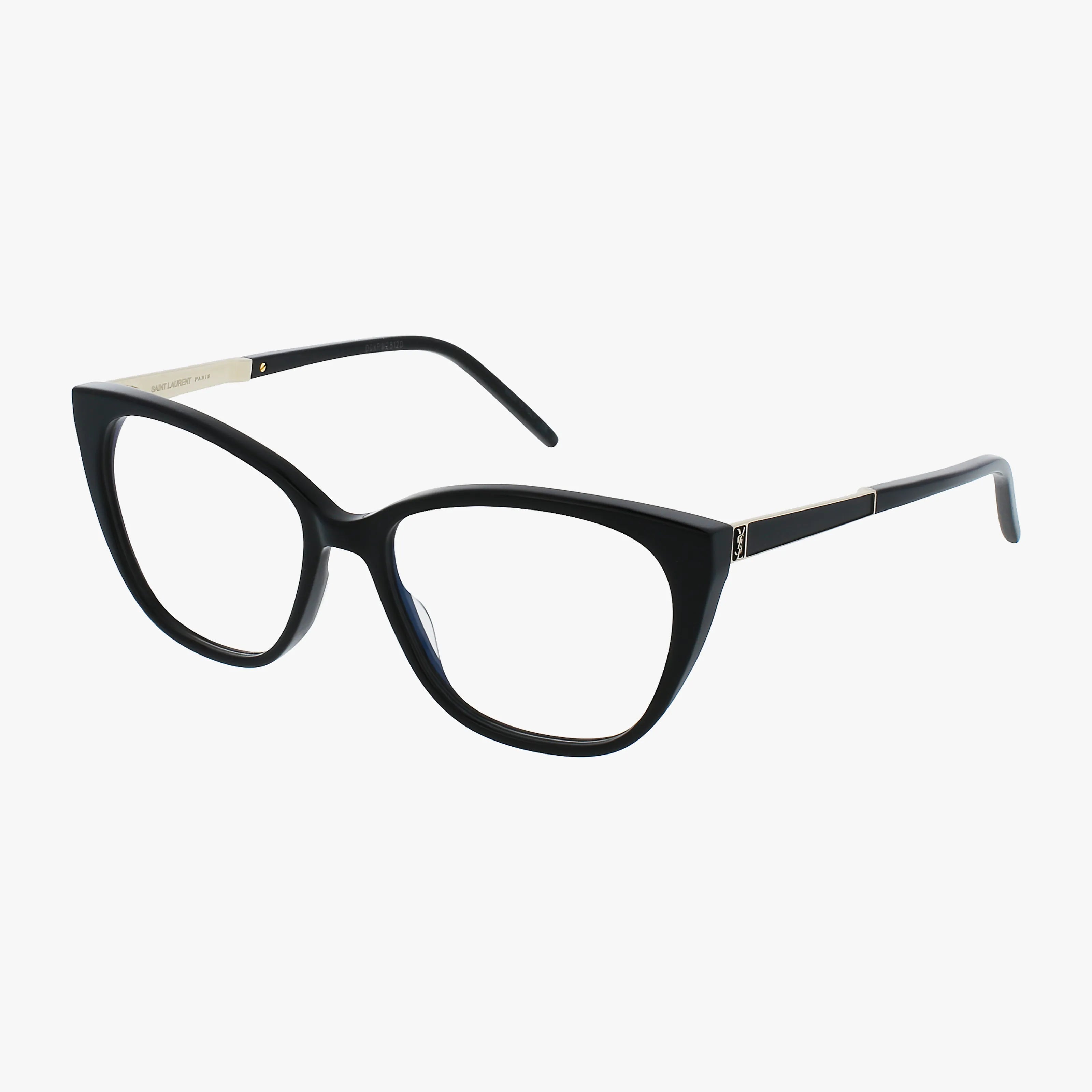 The SL M72 black cat-eye eyeglasses feature a refined frame, gold temple accents, and clear lenses for an elegant look, shown on a white background.