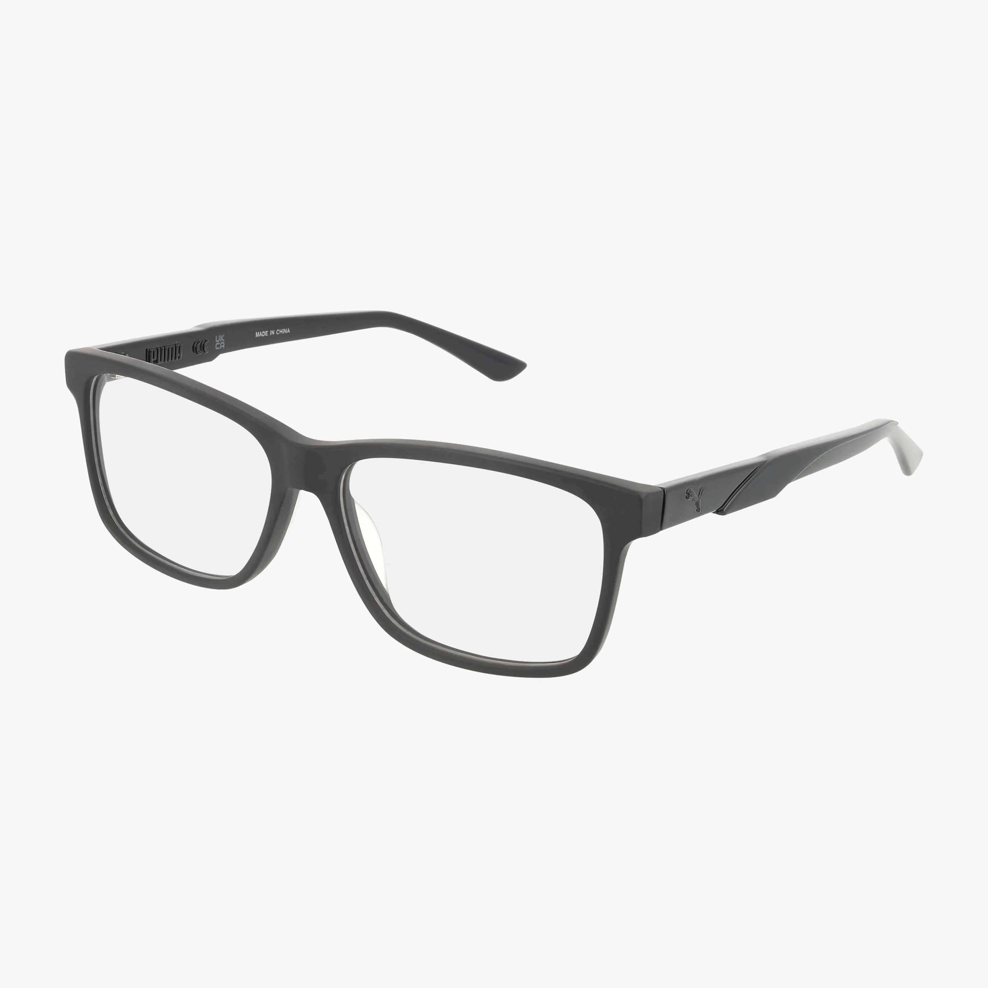 The PU0341O features bold black rectangular eyeglass frames with clear progressive lenses, displayed at an angle against a plain white background.