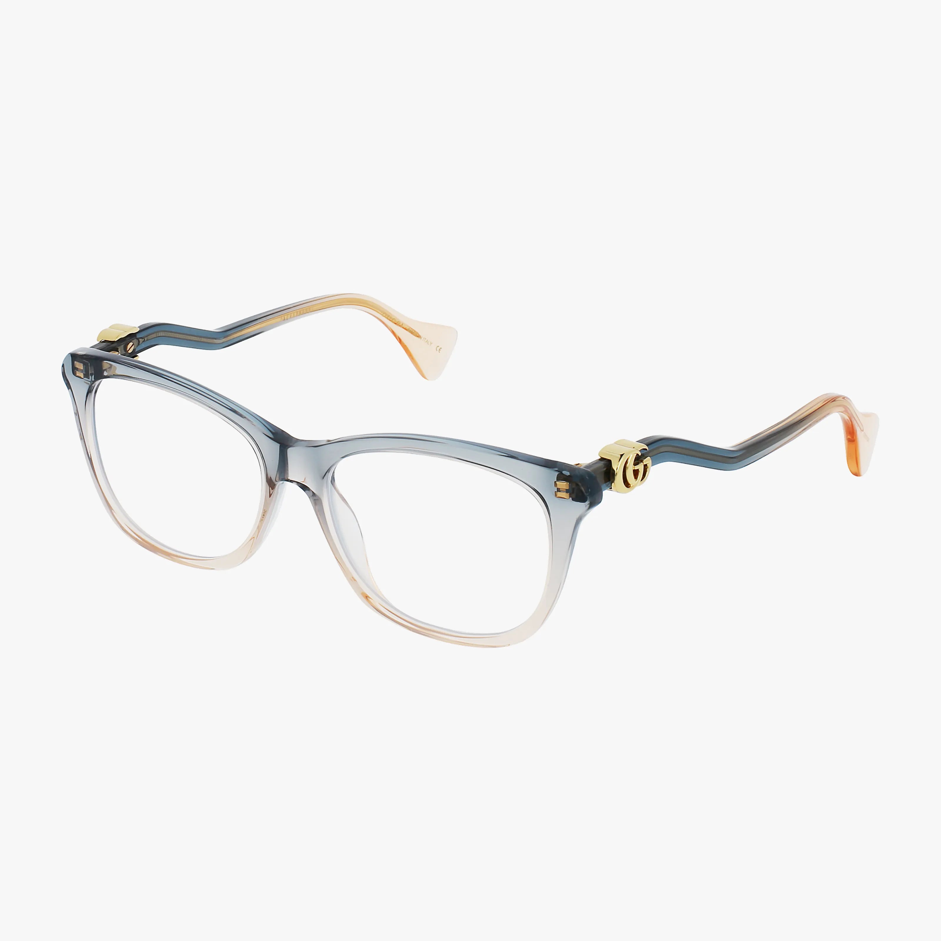 The stylish GG1012O eyeglasses feature translucent blue-to-pink gradient frames with gold hinge accents and wavy peach temple arms, ideal for prescription lenses, shown on a white background.