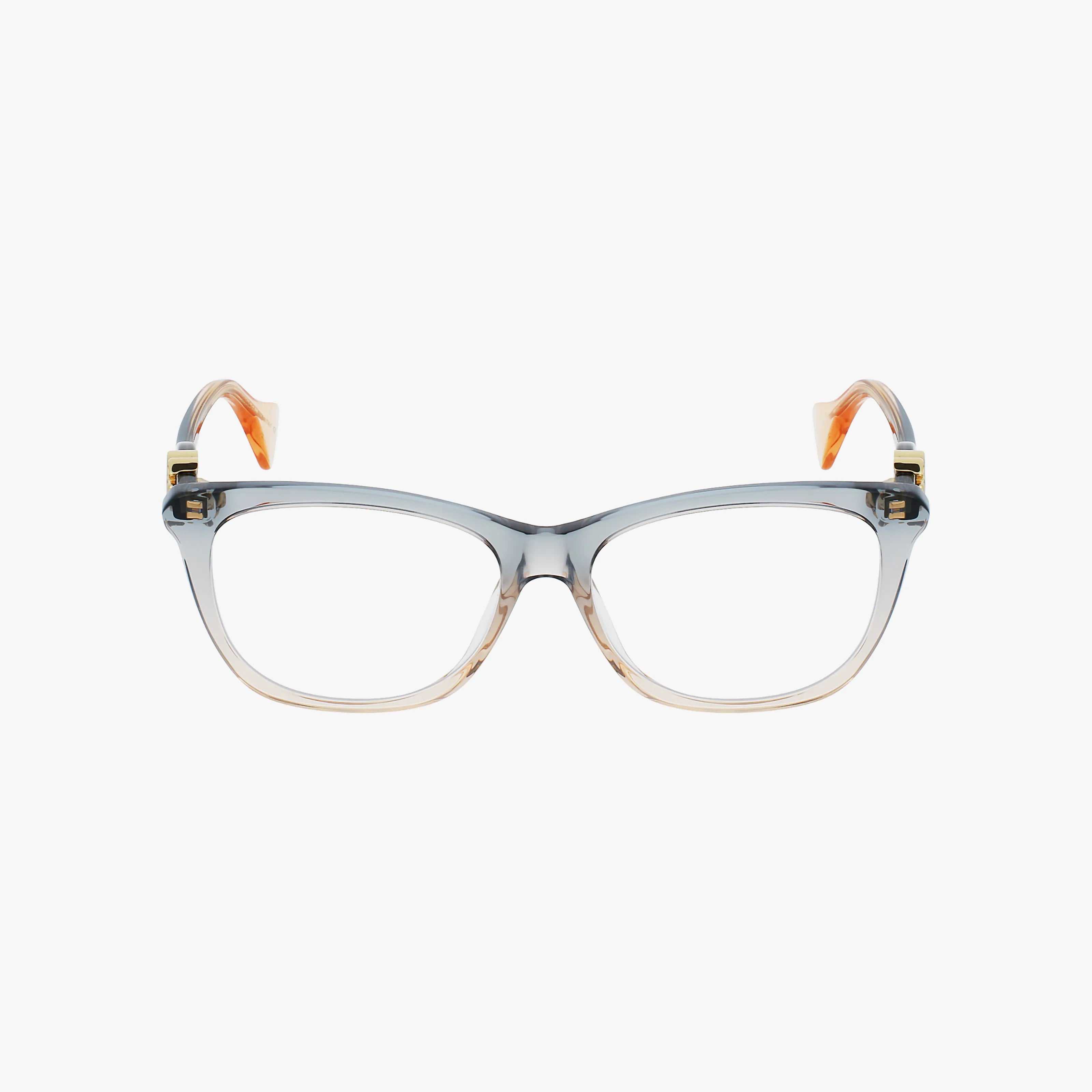 Front view of the GG1012O eyewear frame, featuring transparent gray that fades into light tan at the bottom. Upward-curved temples with orange accents near the hinges make it ideal for adding prescription lenses.