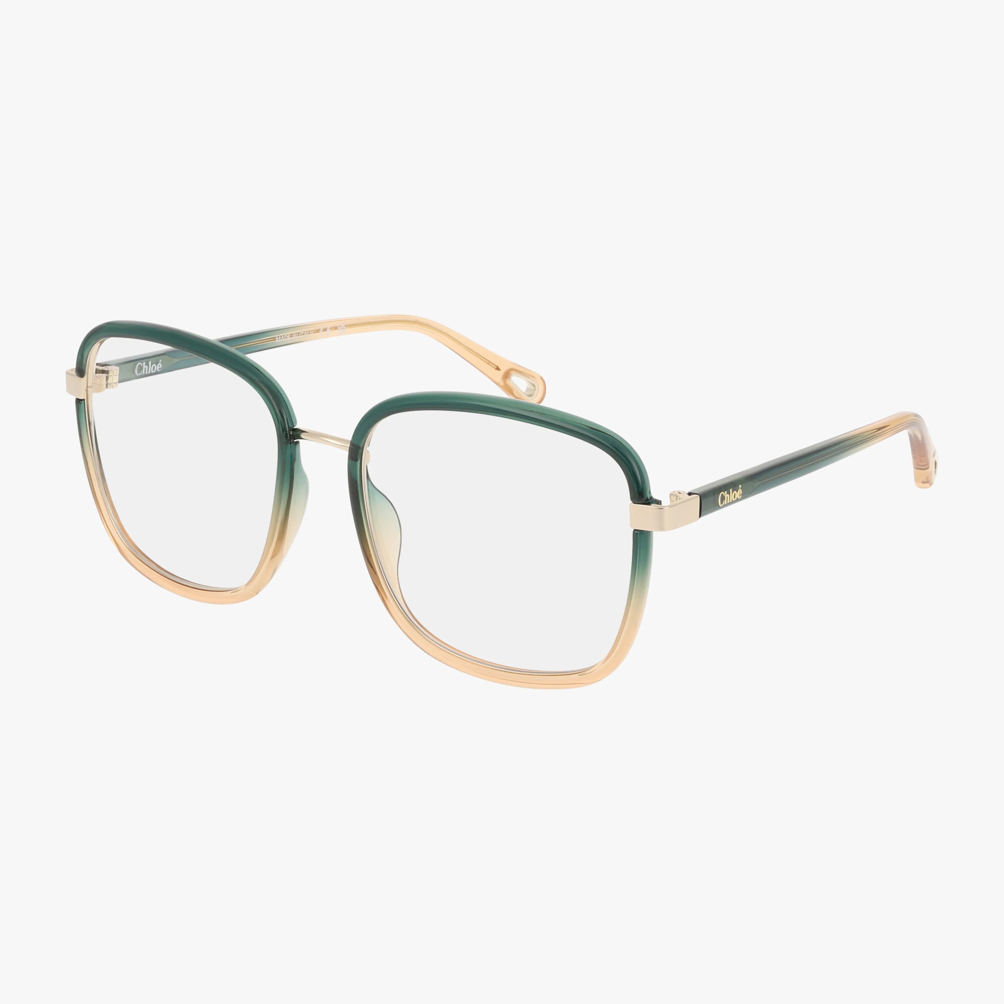 The CH0034O eyeglasses feature square frames with classic lines, a gradient from dark green to light beige, and gold accents on the hinges and temples for a stylish touch.