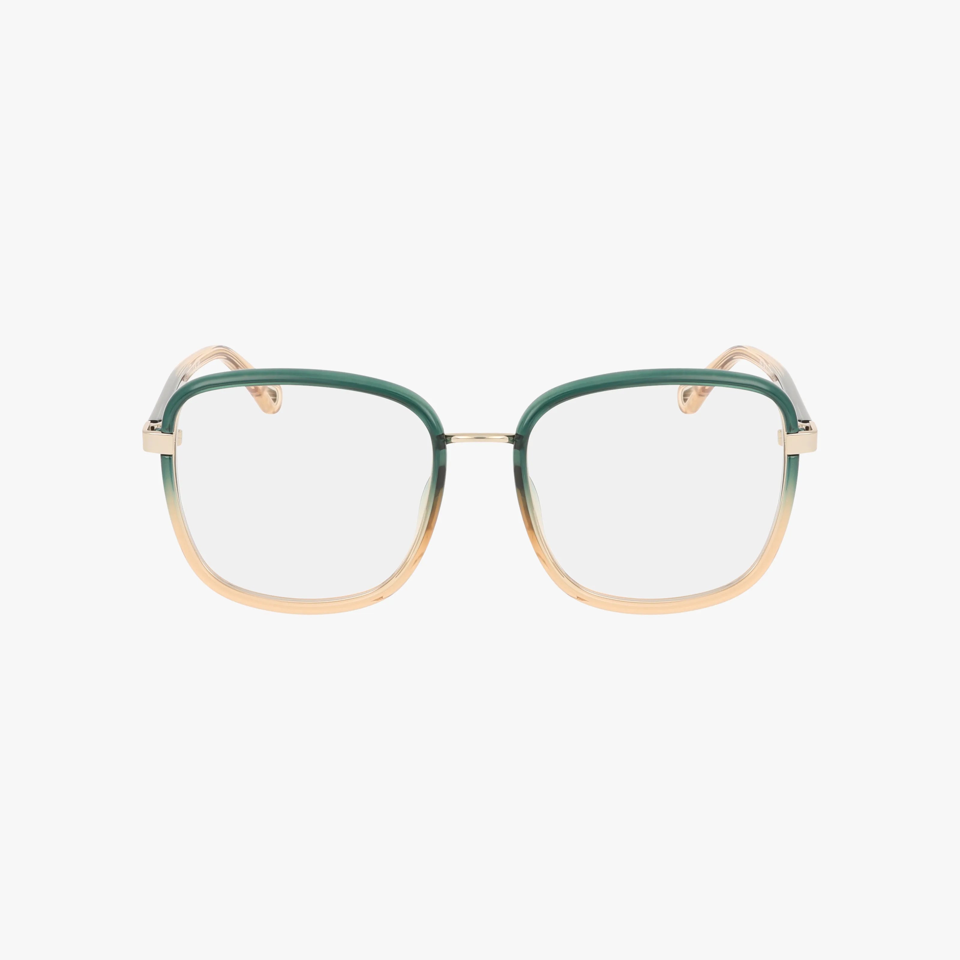 The CH0034O eyeglasses feature stylish, large square frames with green on the top half that fades to light beige below, displayed against a plain white background.