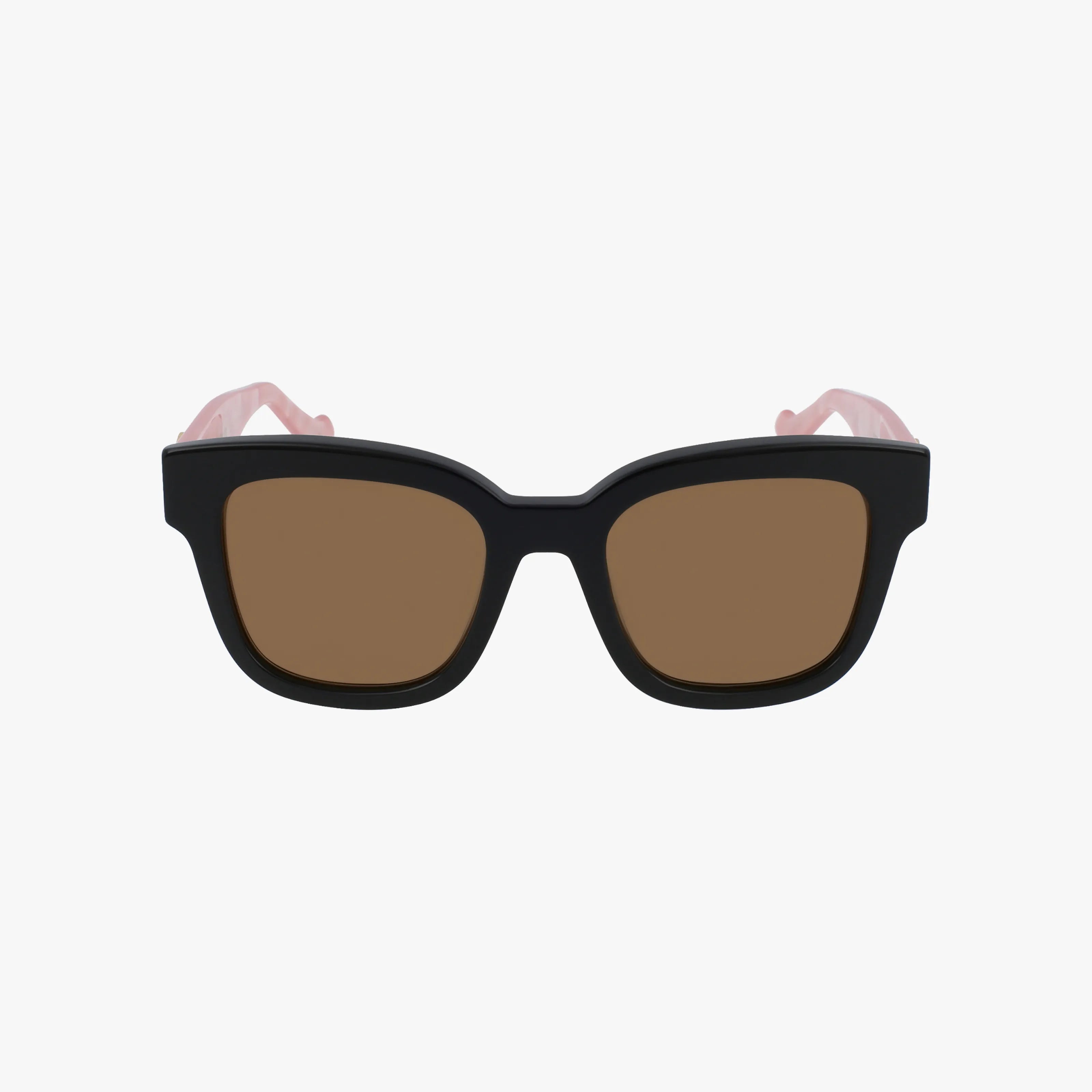 The GG0998S sunglasses feature thick black rectangular frames, brown-tinted lenses, and light pink translucent arms—ideal for anyone seeking stylish designer eyewear.