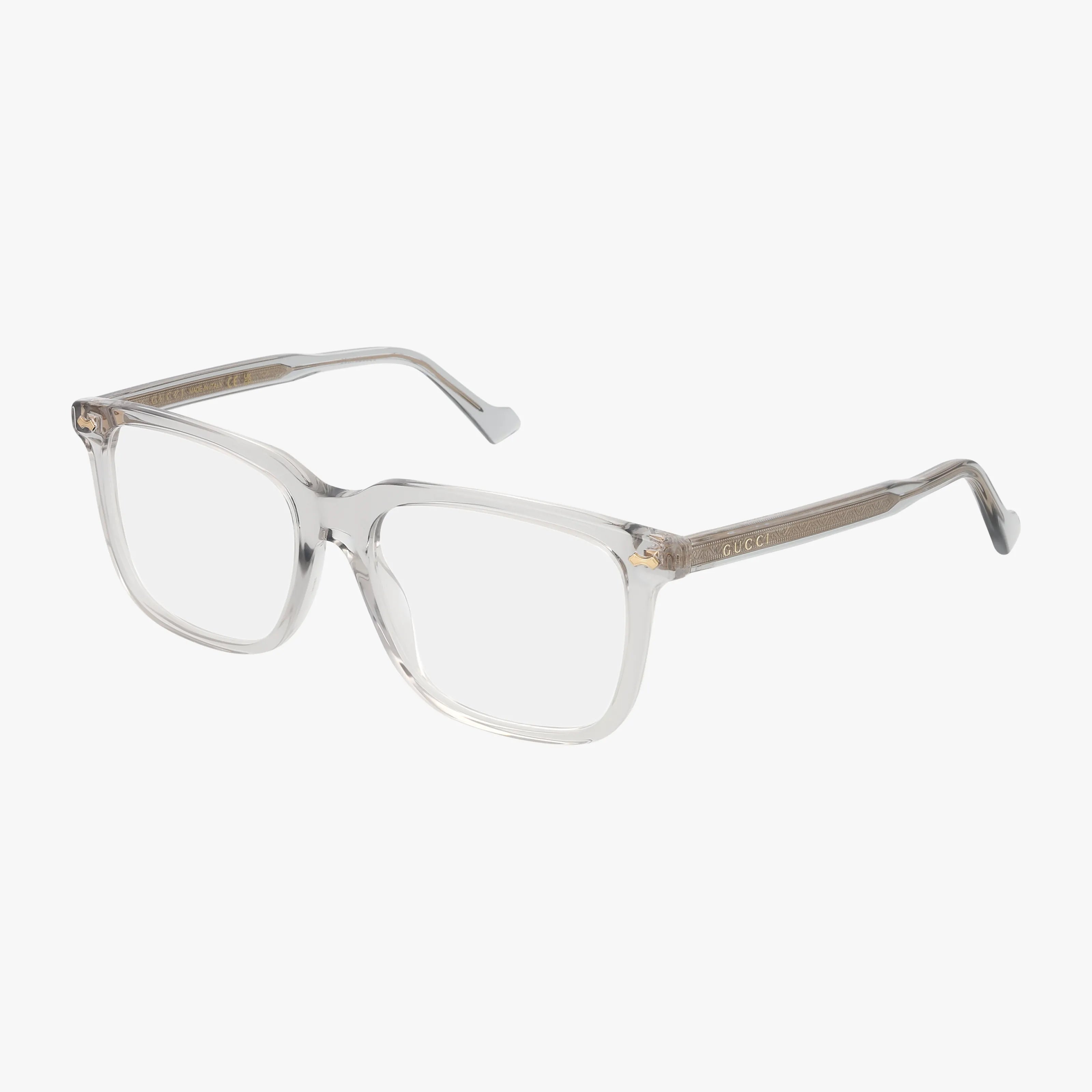 The GG0737O eyeglasses feature clear rectangular lenses with transparent, lightweight frames and arms, showcased at an angle against a white background.