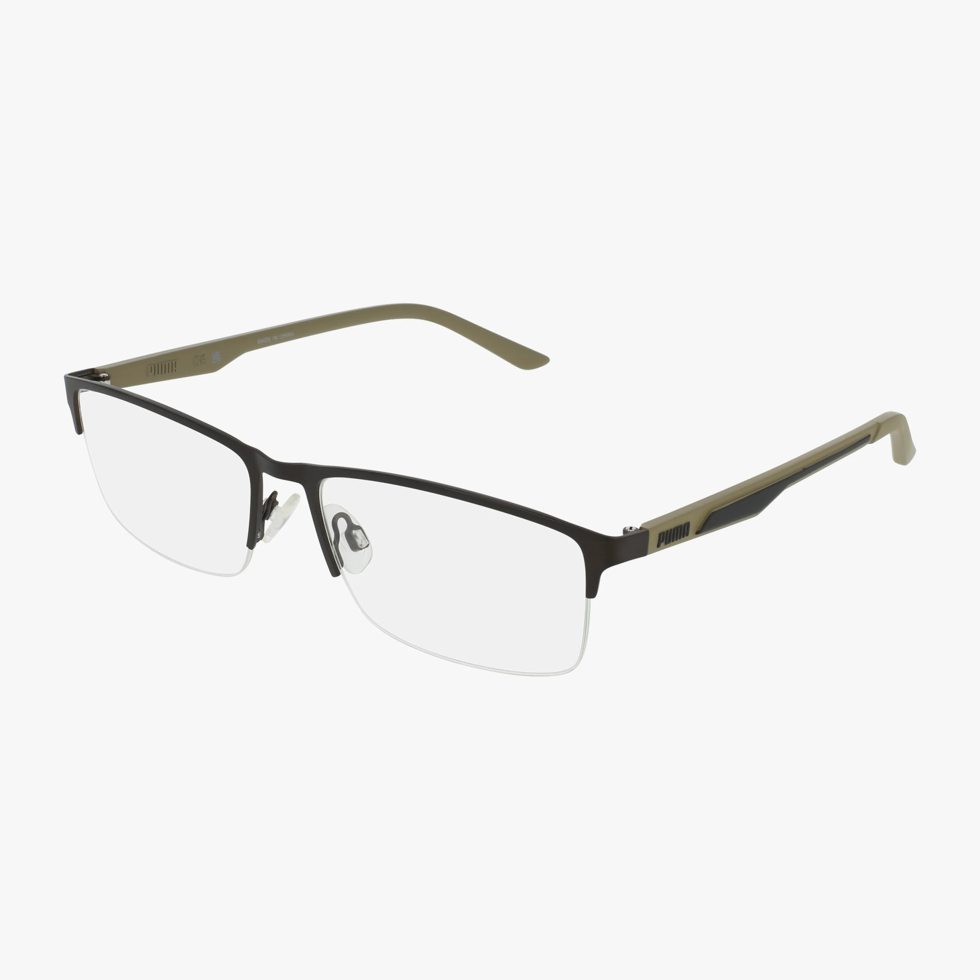 The PU0373O is a pair of half-rim rectangular eyeglasses with a black top frame, light brown temples, clear lenses, and adjustable nose pads—ideal for anyone seeking stylish comfort and modern design.