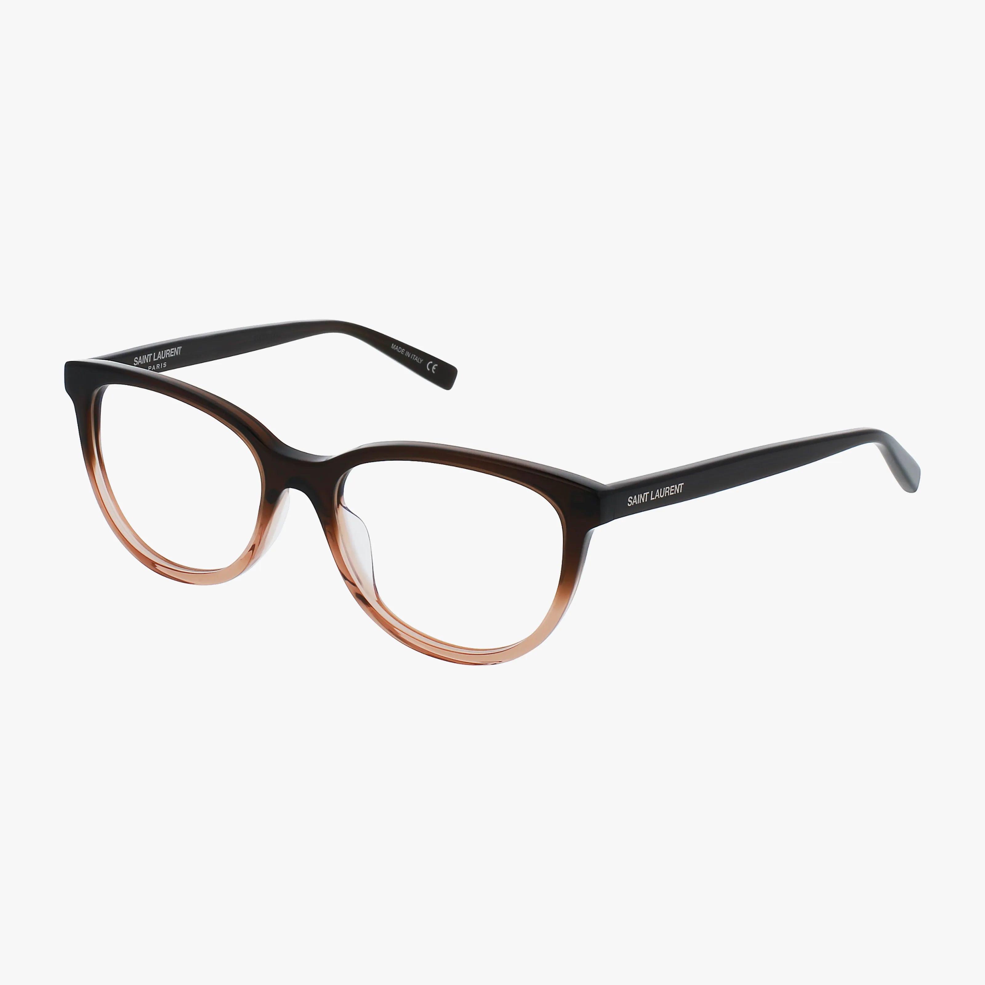 The SL 504 eyeglasses feature black frames that gradient to light brown at the bottom, rounded lenses, and the Saint Laurent logo on the temples, offering a modern design with a durable frame. Displayed on a white background.