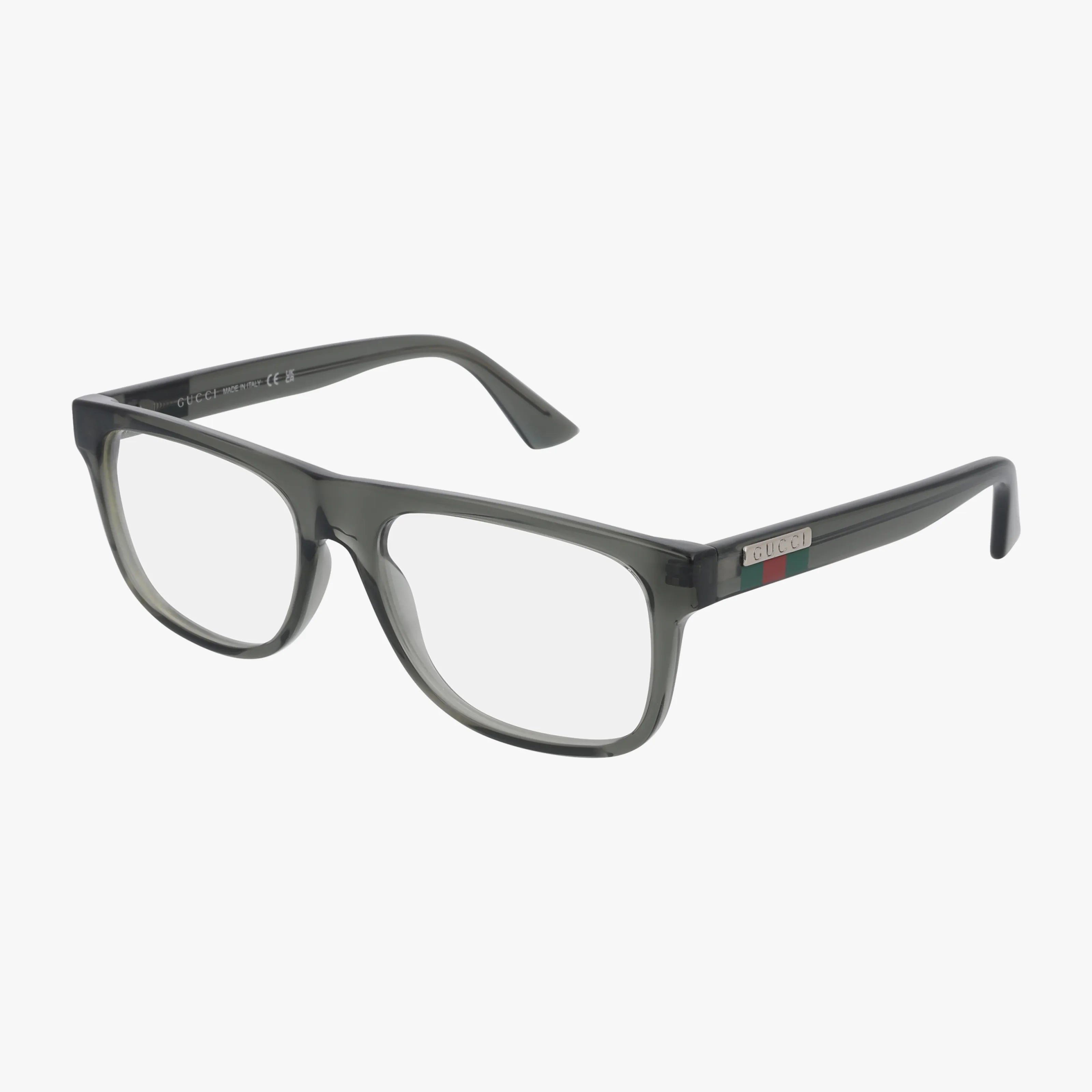 Shop the GG1117O black rectangular Gucci eyeglasses with clear lenses, featuring green and red stripe detail on the temples and a metallic logo. Available to buy online now against a plain white background.