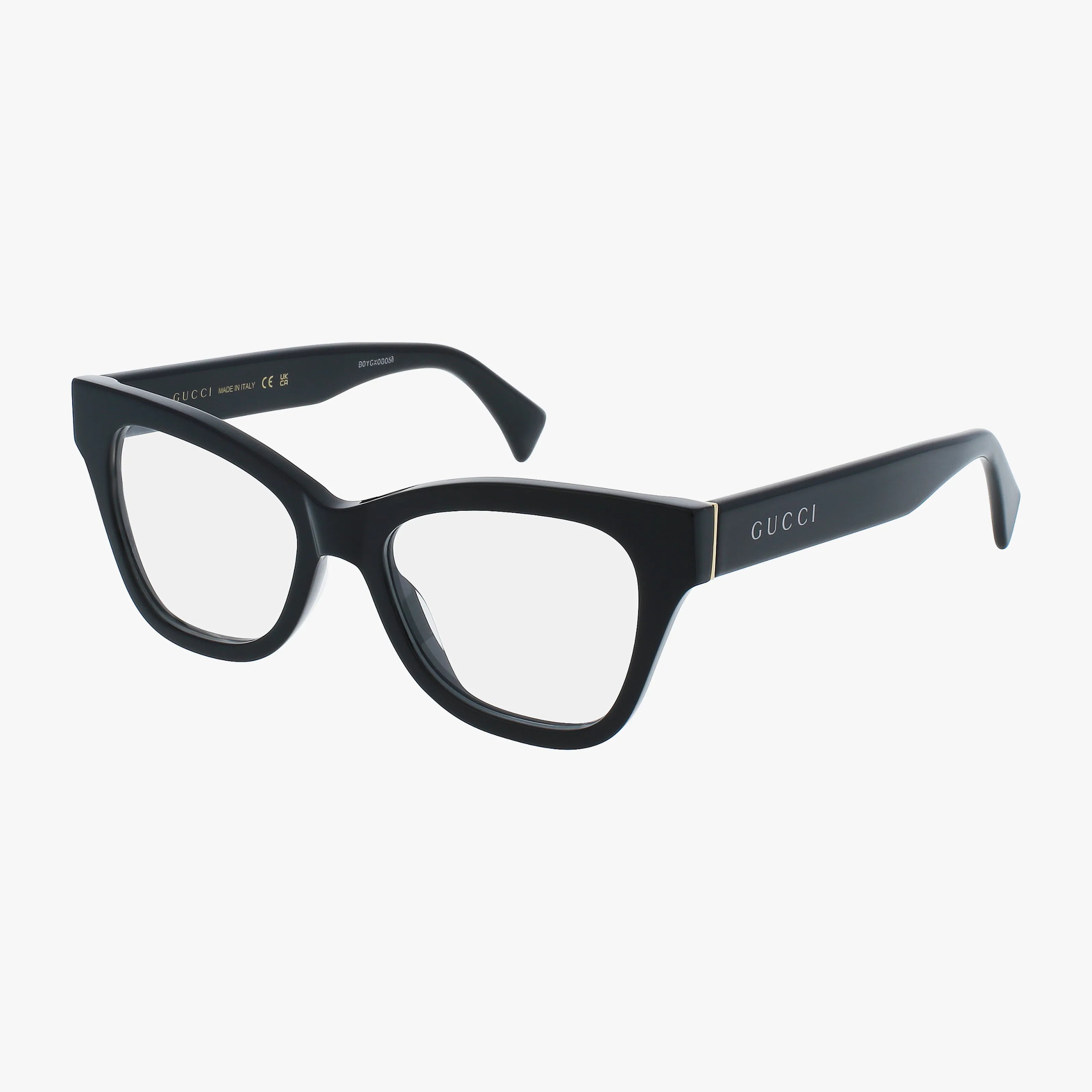 The Gucci GG1133O eyeglasses feature sleek black rectangular frames, clear lenses, subtle gold hinge accents, and the iconic Gucci logo on the temple arms—a modern design demonstrating quality craftsmanship.