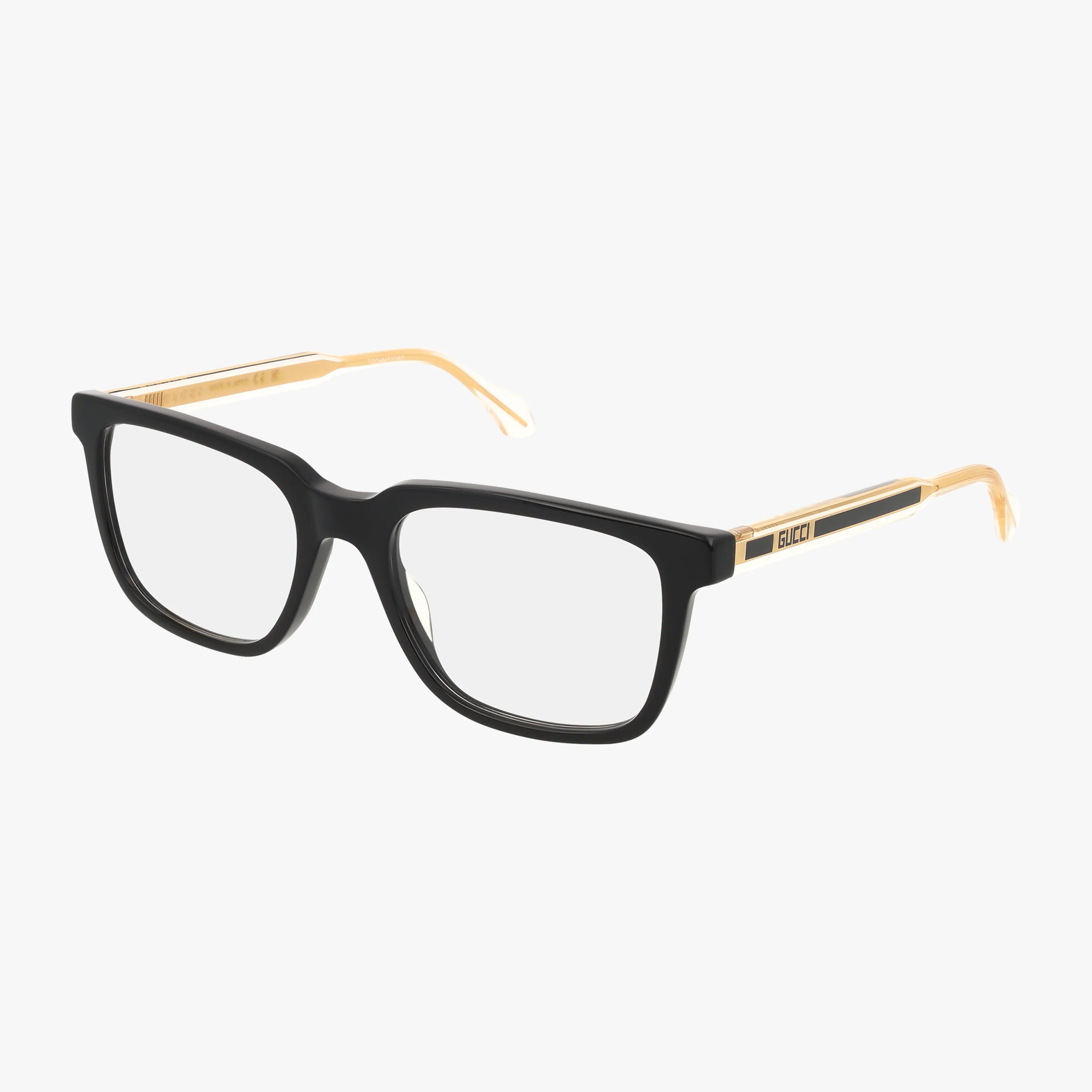 The GG0560ON is a pair of stylish eyewear with thick black rectangular frames, gold metal temples, clear lenses, and a modern yet classic design that blends elegant frame styling with contemporary construction.