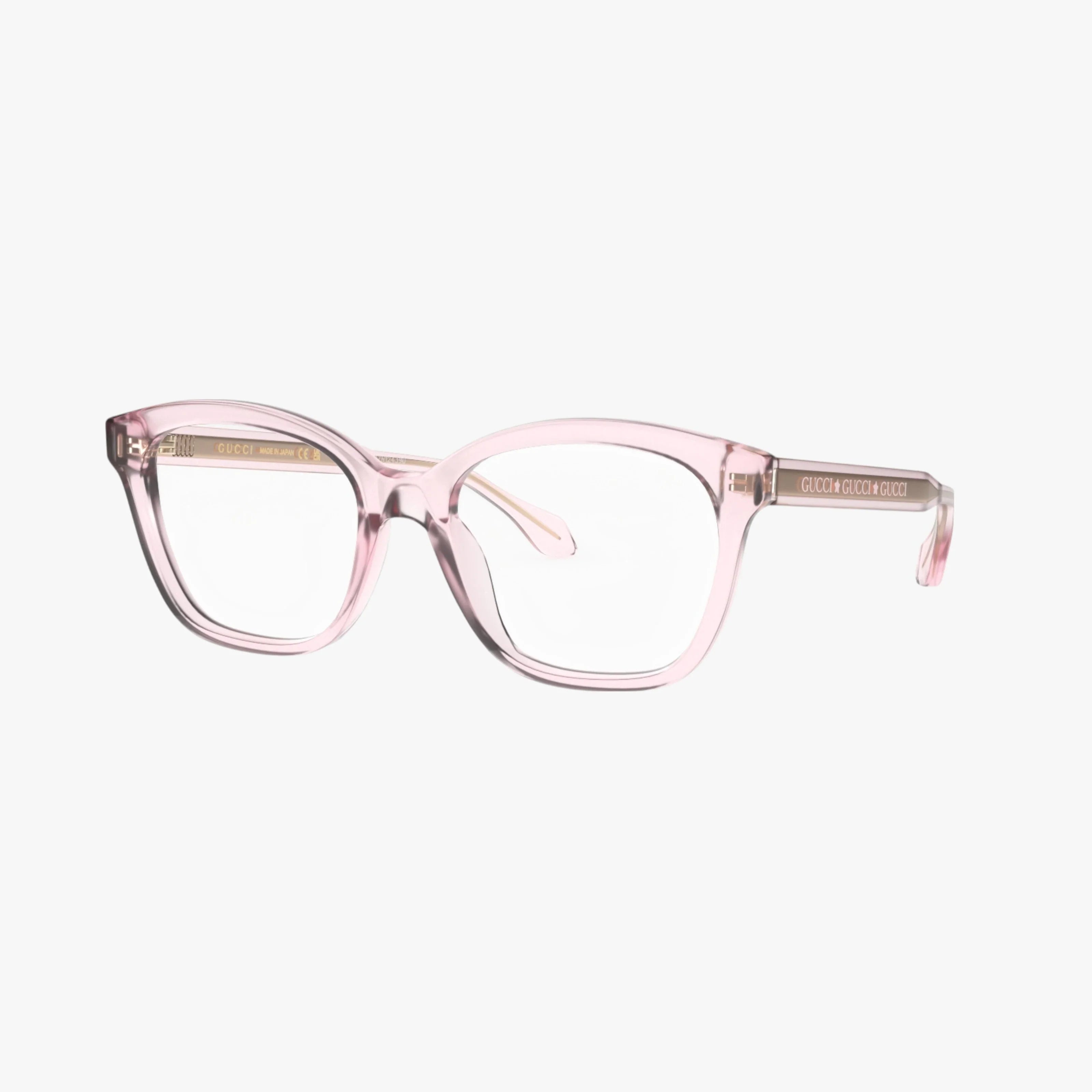 The GG0566ON eyeglasses feature a clear light pink acetate rectangular frame with GUCCI branding on the temples, reflecting iconic Italian style against a plain white background.
