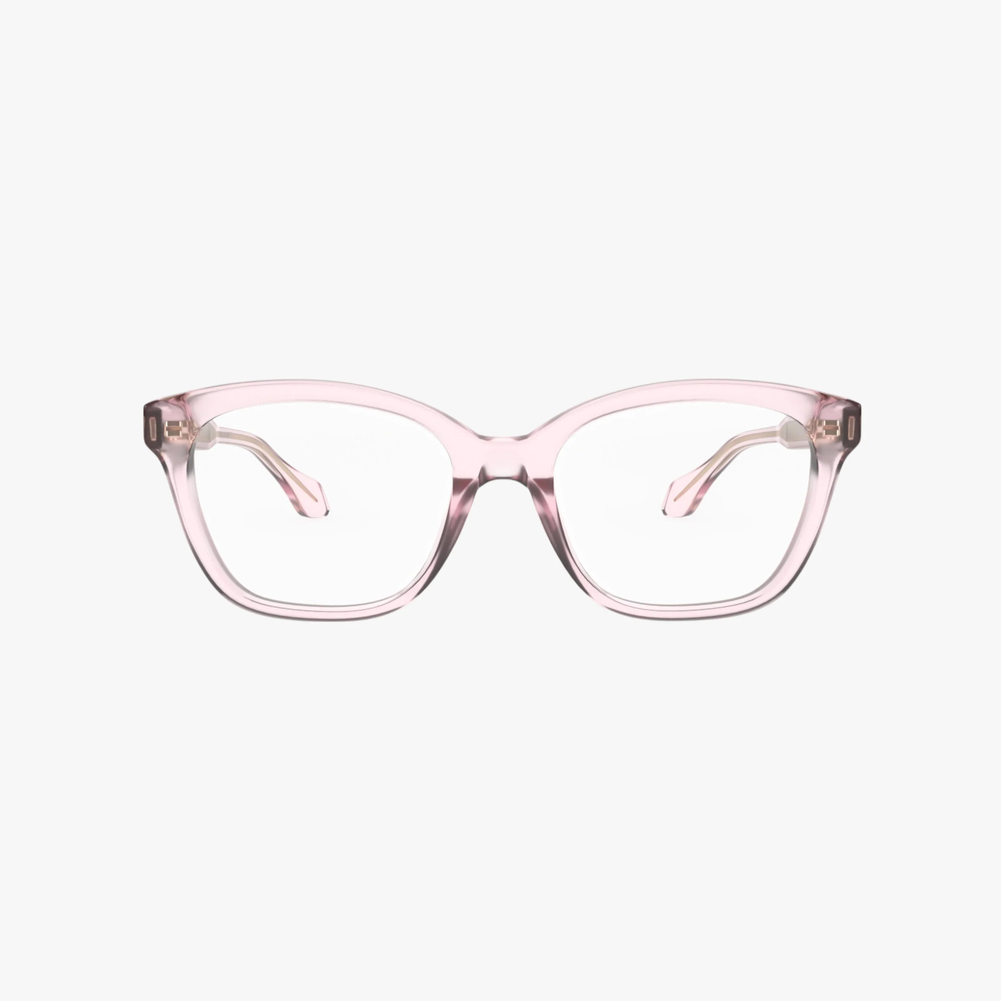 The GG0566ON eyeglasses feature clear pink rectangular acetate frames with gently rounded edges for a modern Italian style, displayed front-facing against a plain white background.