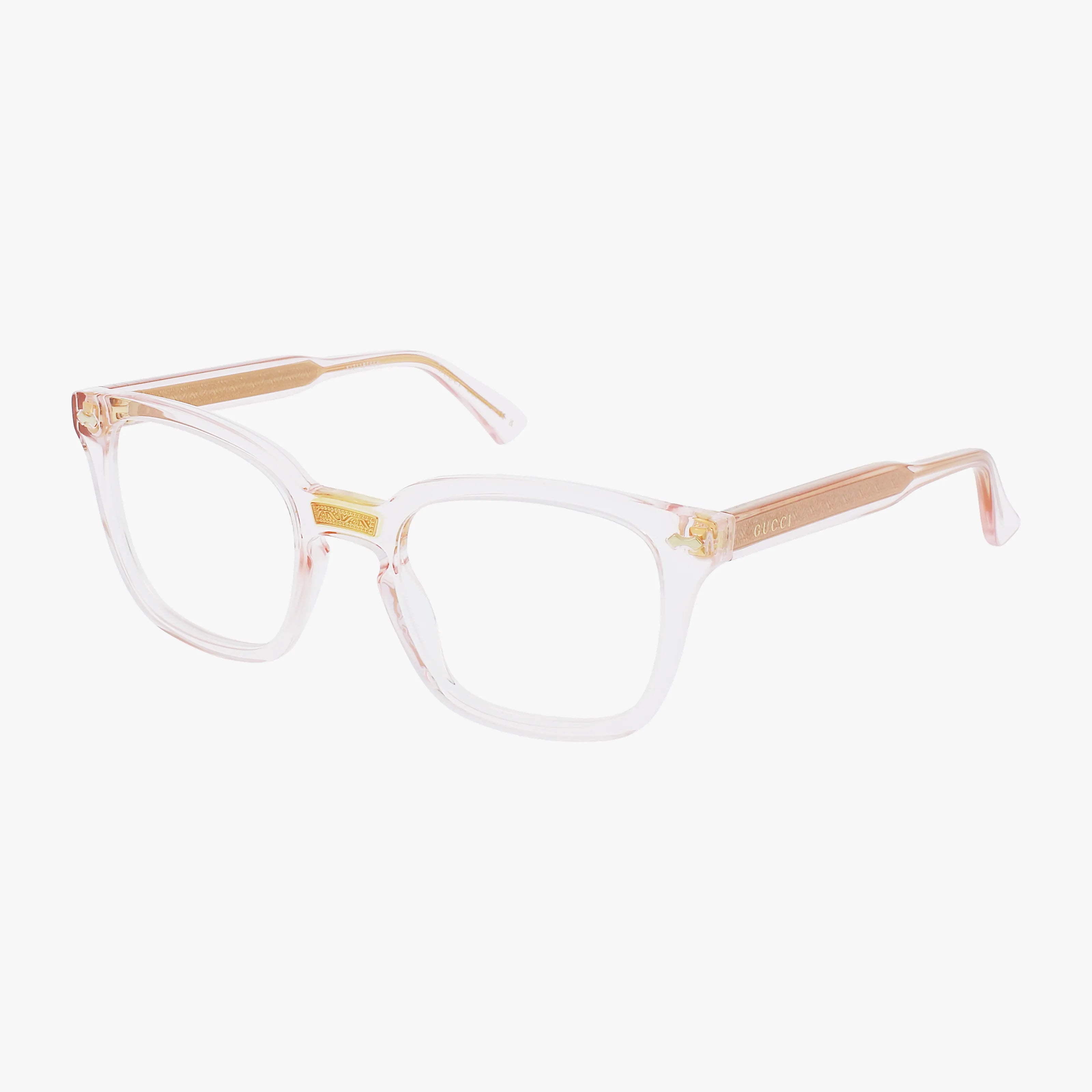 The GG0184O eyeglasses feature clear, square frames with a pink-tinged transparent finish and gold-accented arms. Lightweight and versatile, theyre ideal for Transitions lenses and are shown on a white background.