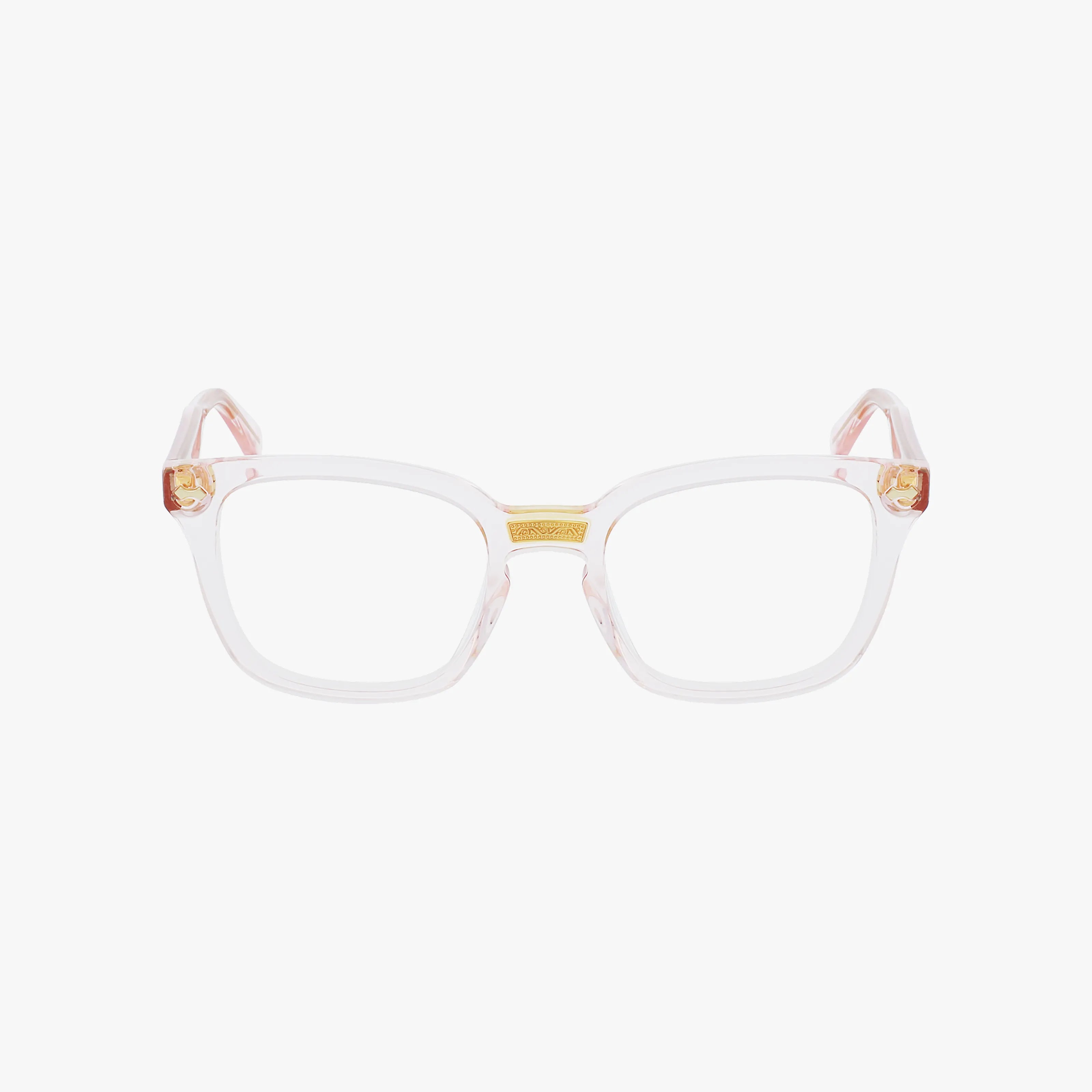 Lightweight GG0184O eyeglass frames feature clear square rims, gold-accented temples, and subtle pink detailing on the arms, inspired by Gucci eyewear and displayed on a plain white background.