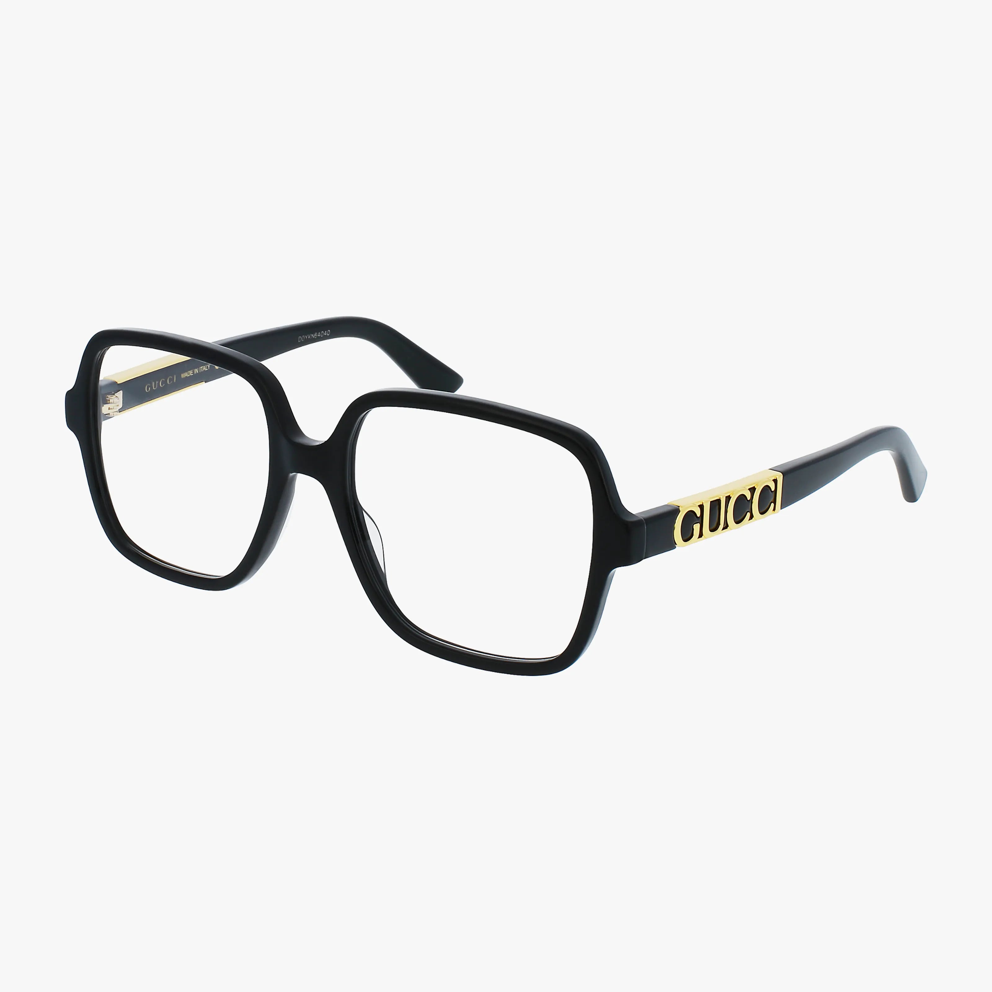 The GG1193O black square eyeglasses feature a stylish frame and thick arms with gold GUCCI lettering, shown from an angle on a plain white background.