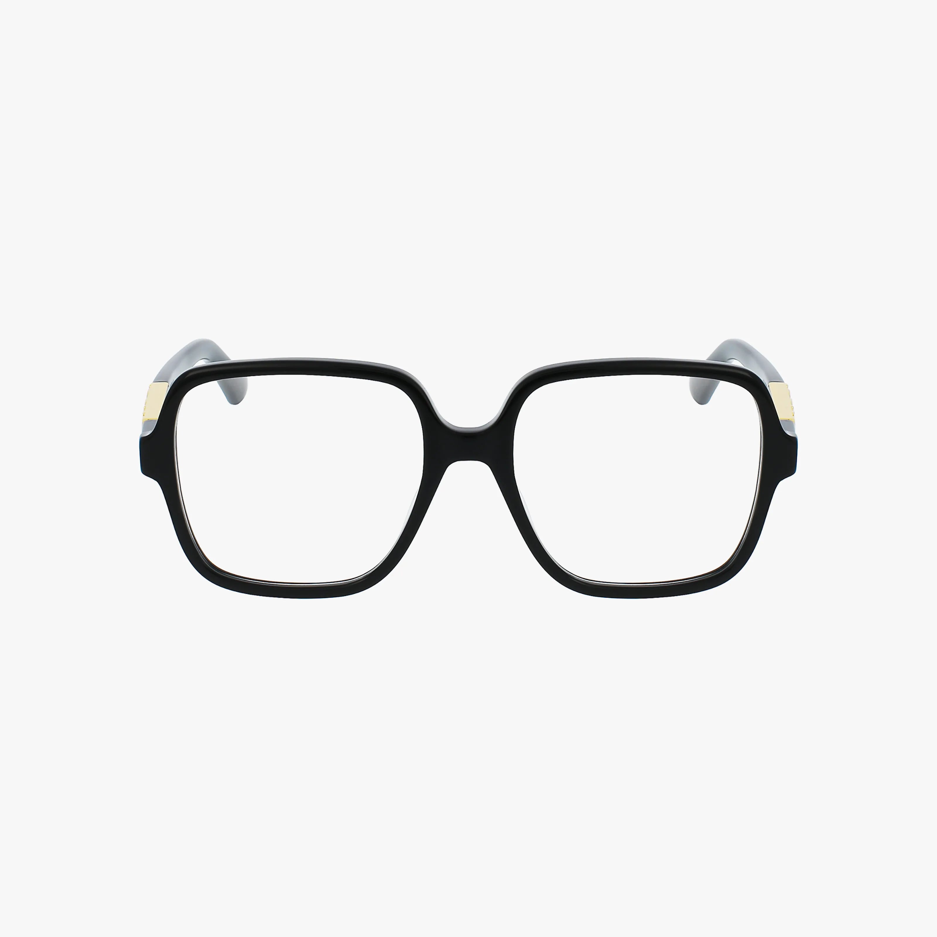 The GG1193O is a pair of black rectangular eyeglasses with a stylish frame, gold accents on the upper corners, and a well-balanced design, displayed against a white background.