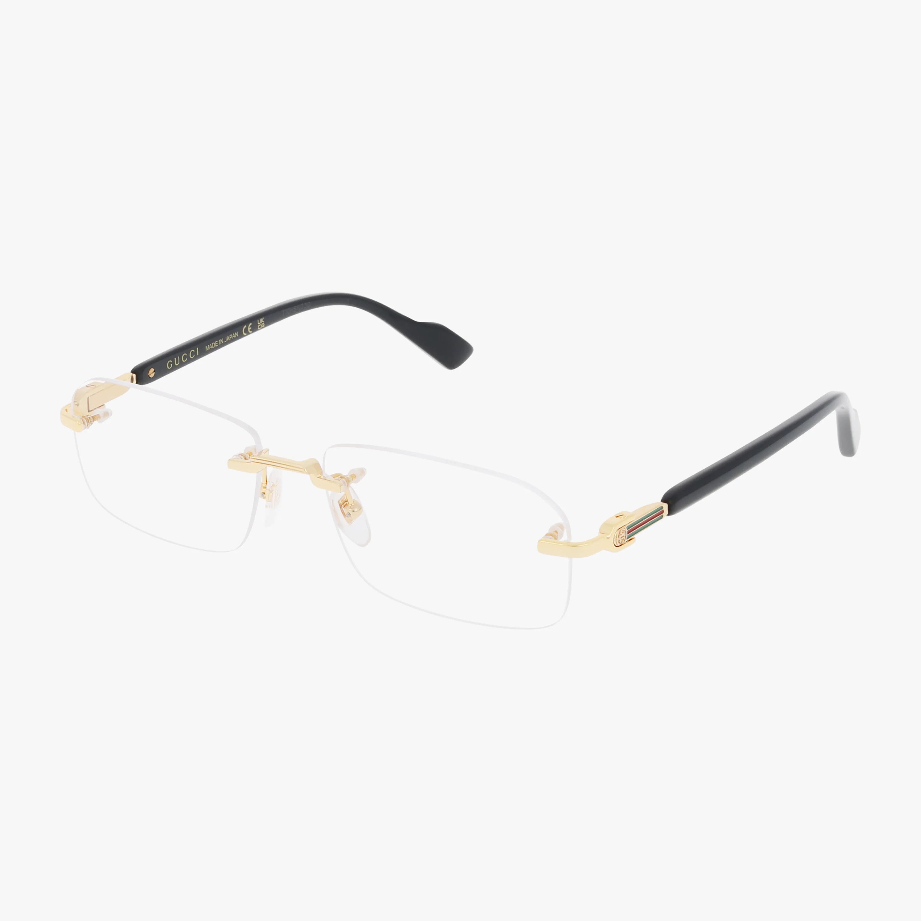 GG1221O rimless eyeglasses feature a gold-tone bridge and hinges, with black temple arms accented in gold—an elegant, tailored frame highlighting modern eyewear sophistication against a white background.
