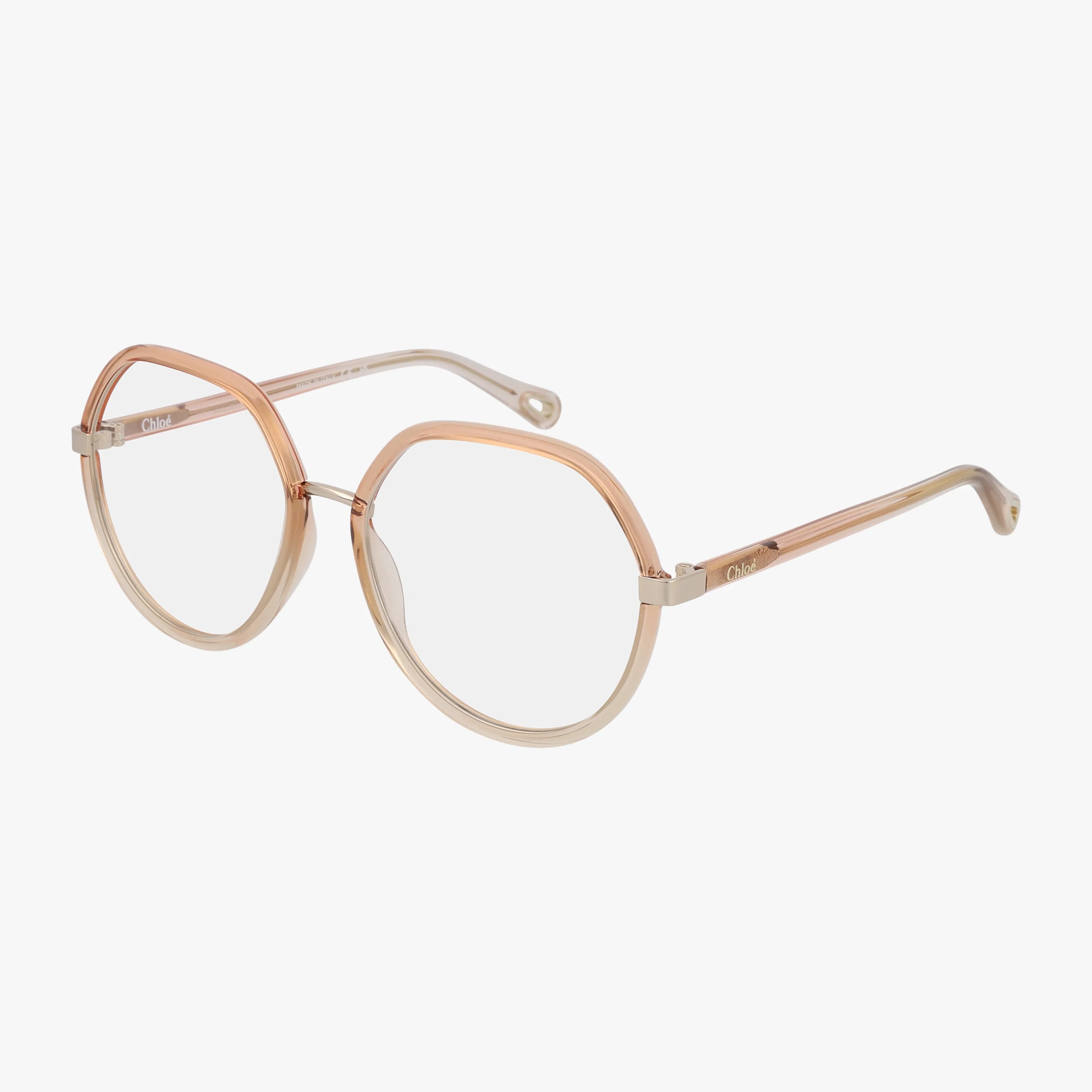 The CH0131O eyeglasses feature stylish, oversized round frames in transparent pinkish-beige with thin, lightweight arms—ideal for daily wear. Shown on a white background.