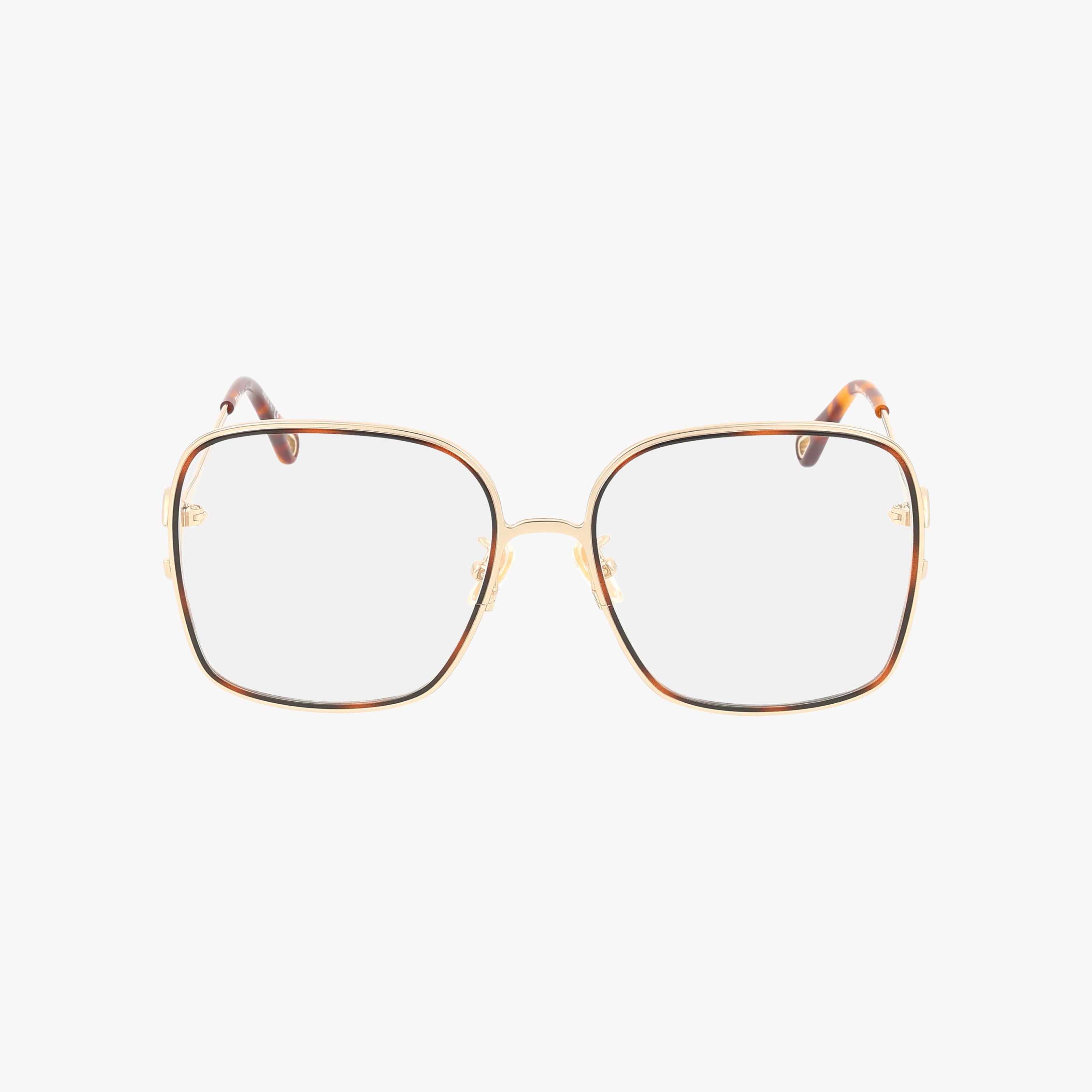 The CH0147O features square-shaped gold metal frames with tortoiseshell detailing on the rims and temple tips, crafted from modern materials and shown against a plain white background.