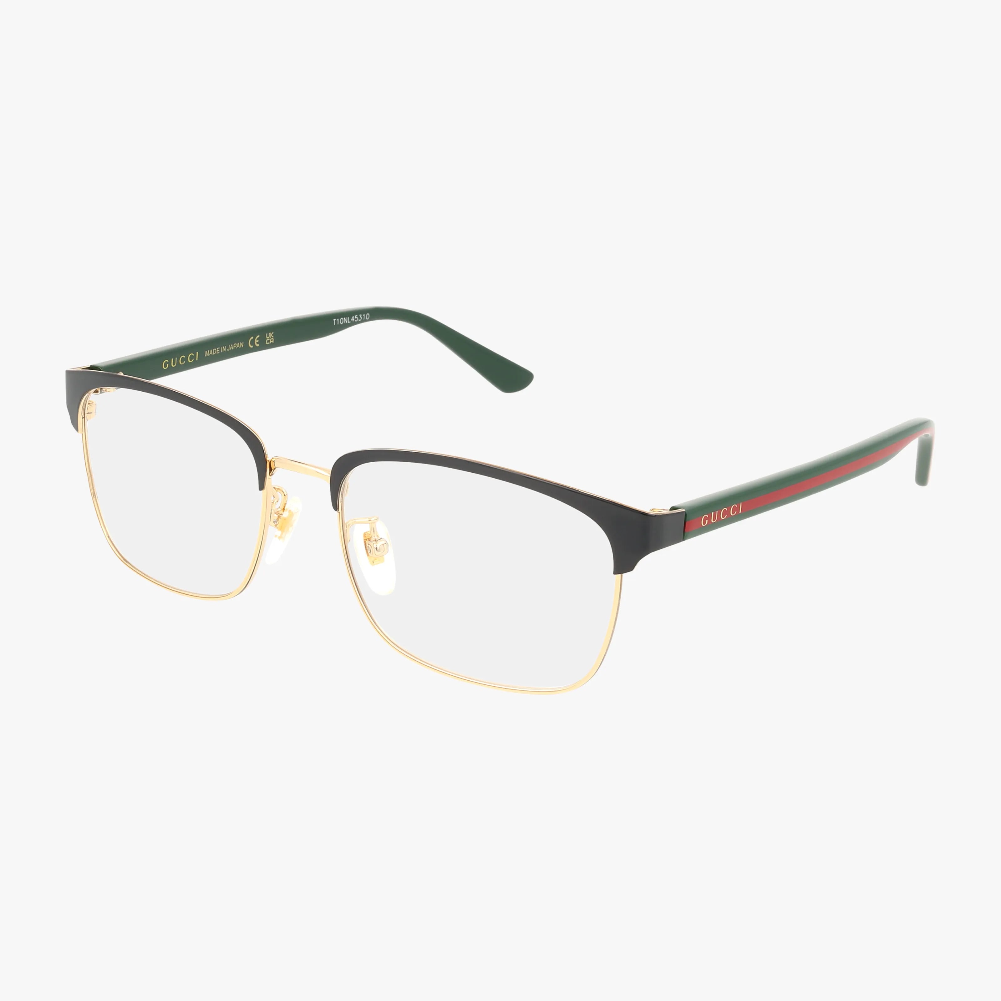 The GG0934OA by Gucci features gold metal rims, dark upper frames, and slim green arms with red stripes and the Gucci logo. These elegant eyeglasses offer adjustable nose pads for comfort in a classic, sophisticated design.
