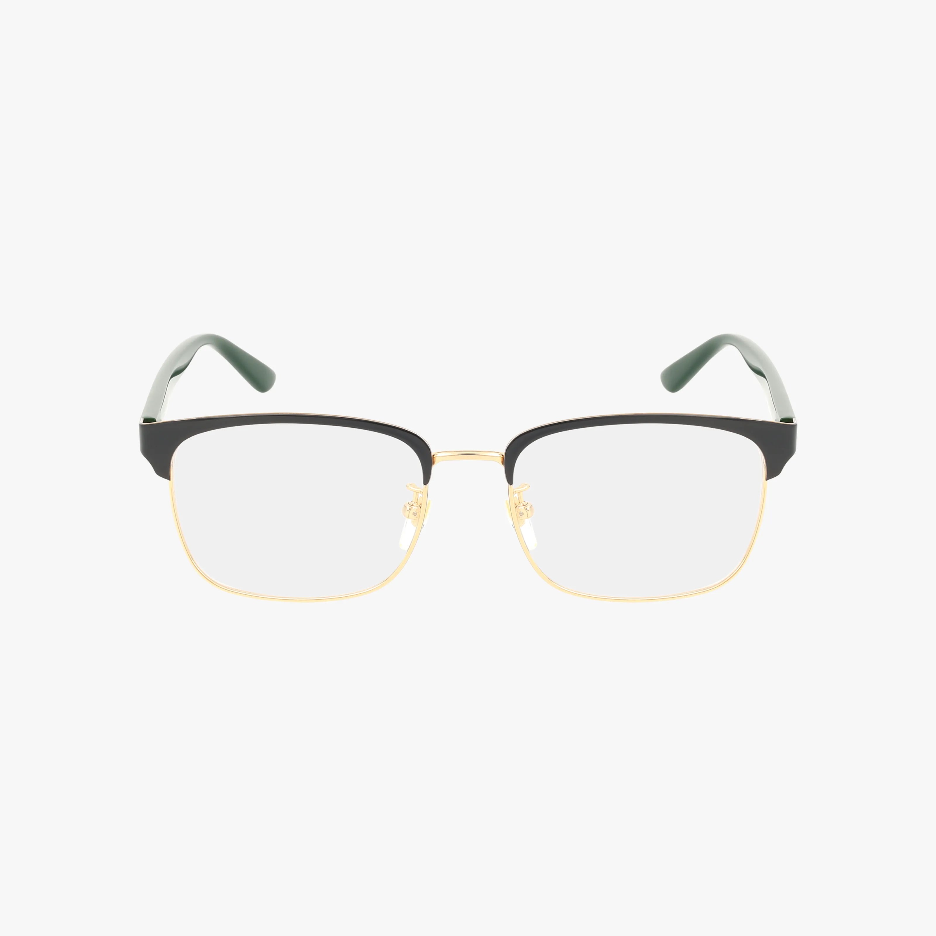 The GG0934OA features rectangular eyeglass frames with black upper rims, gold lower rims, clear lenses, and light gray temples with dark green tips, stylishly displayed on a white background.