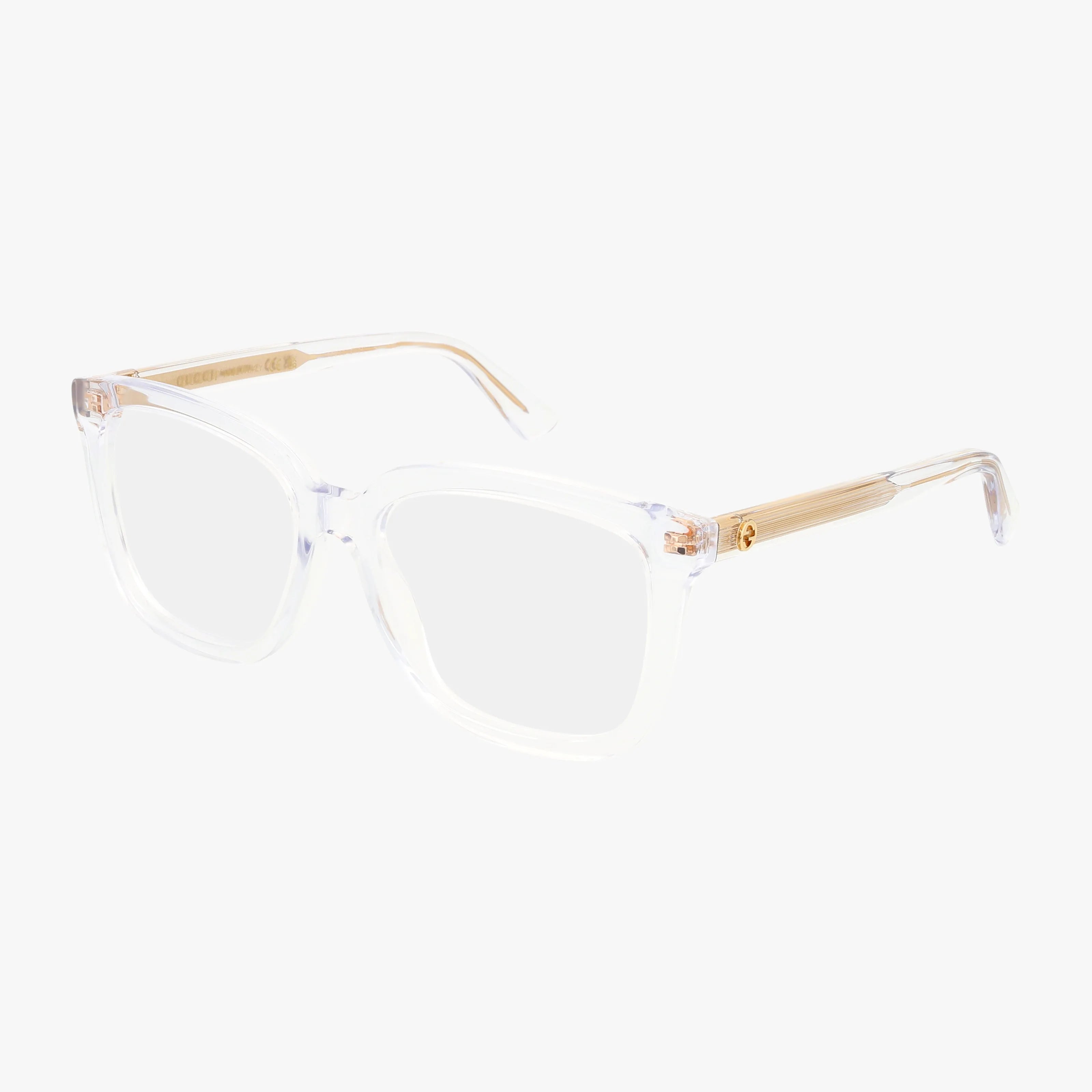 The GG1319O features clear square eyeglasses with transparent frames and gold-toned temples, displayed against a plain white background.