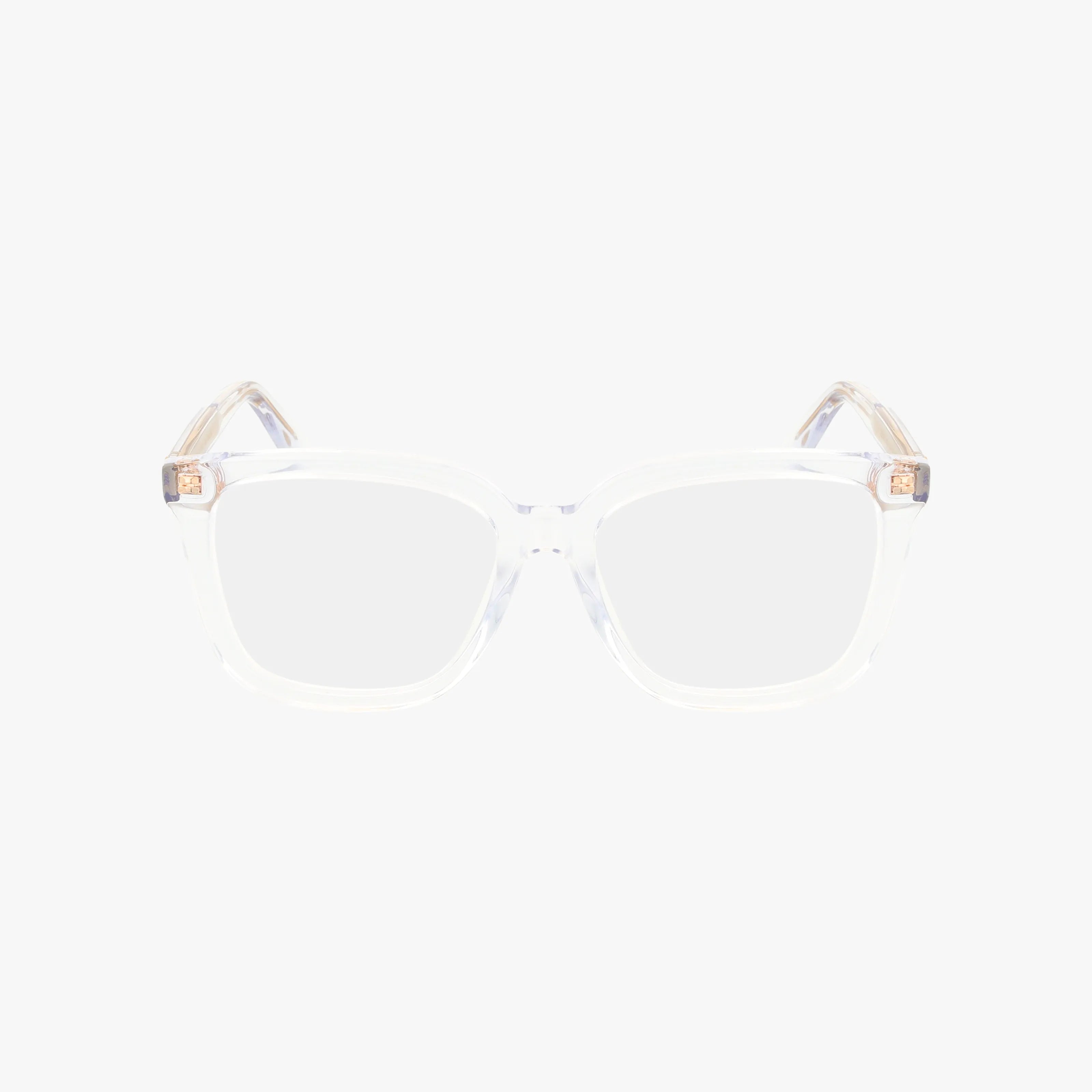 The GG1319O eyeglasses feature a clear square frame with transparent fronts, light brown arms, and small gold corner accents, elegantly displayed against a white background.