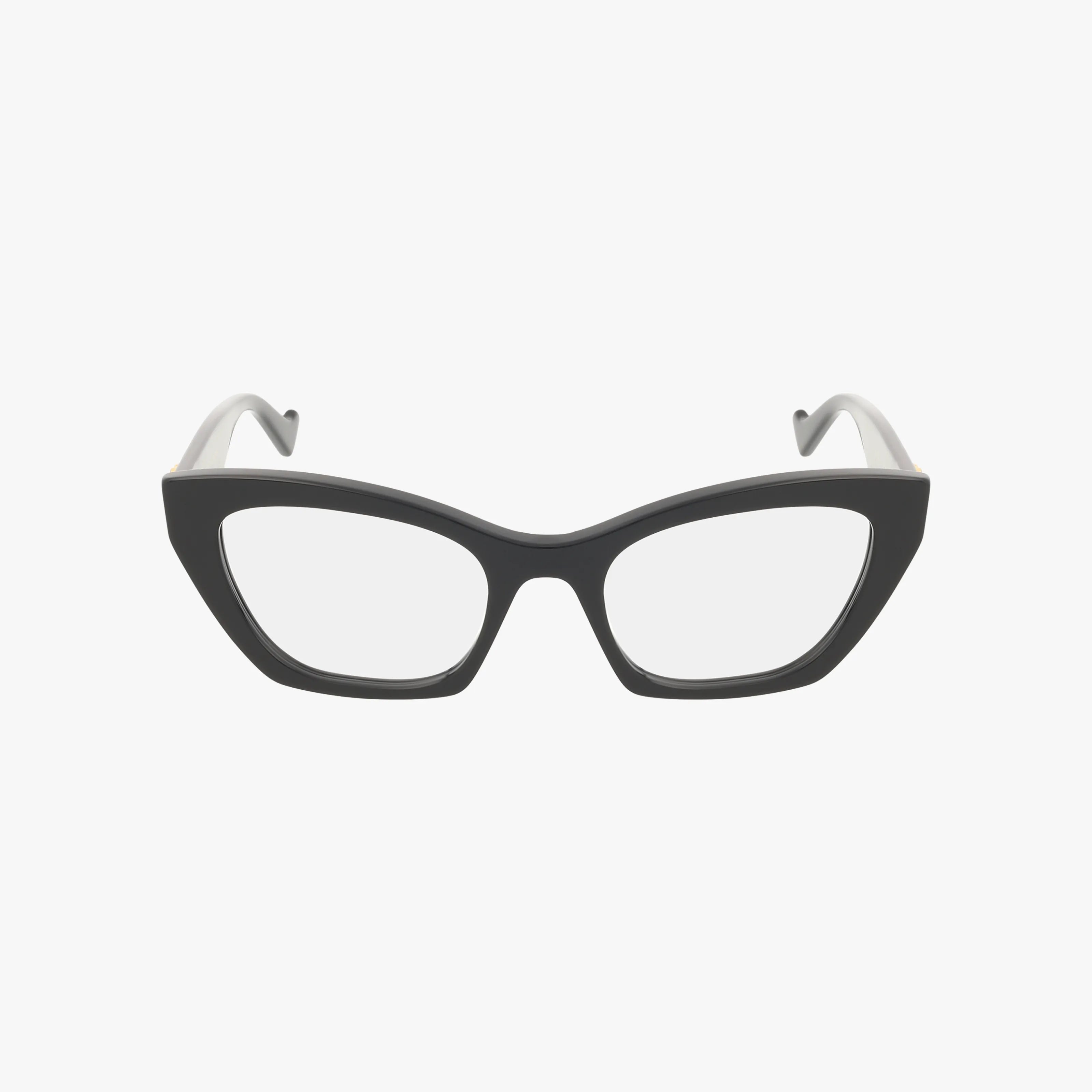 The GG1334O black cat-eye eyeglasses feature clear prescription lenses and white curved temple arms, creating a bold eyewear statement against a white background.
