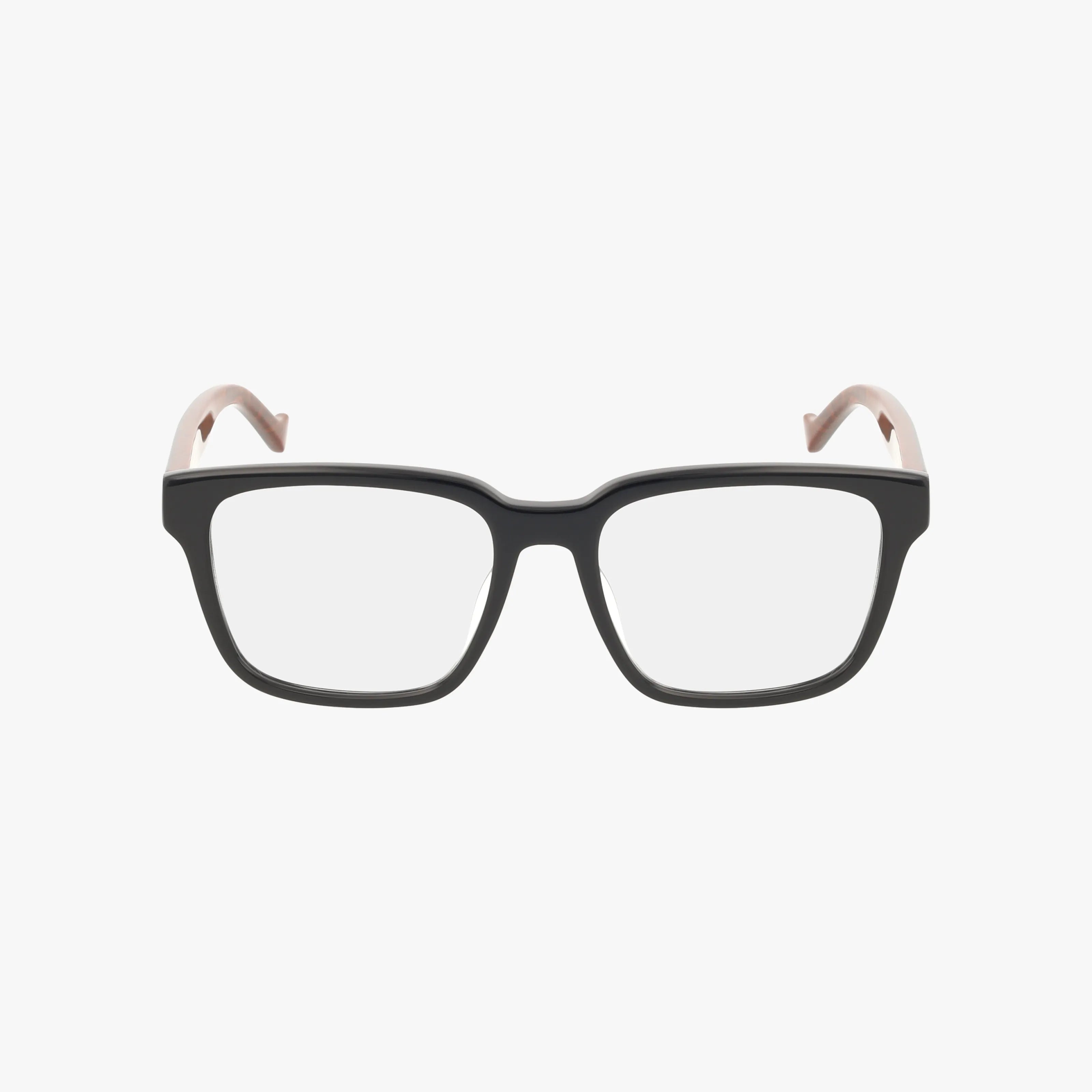 The GG1306OA eyeglasses feature a rectangular shape with a thick black frame, light pink inner temples, and stylish Transitions lenses, displayed on a plain white background.