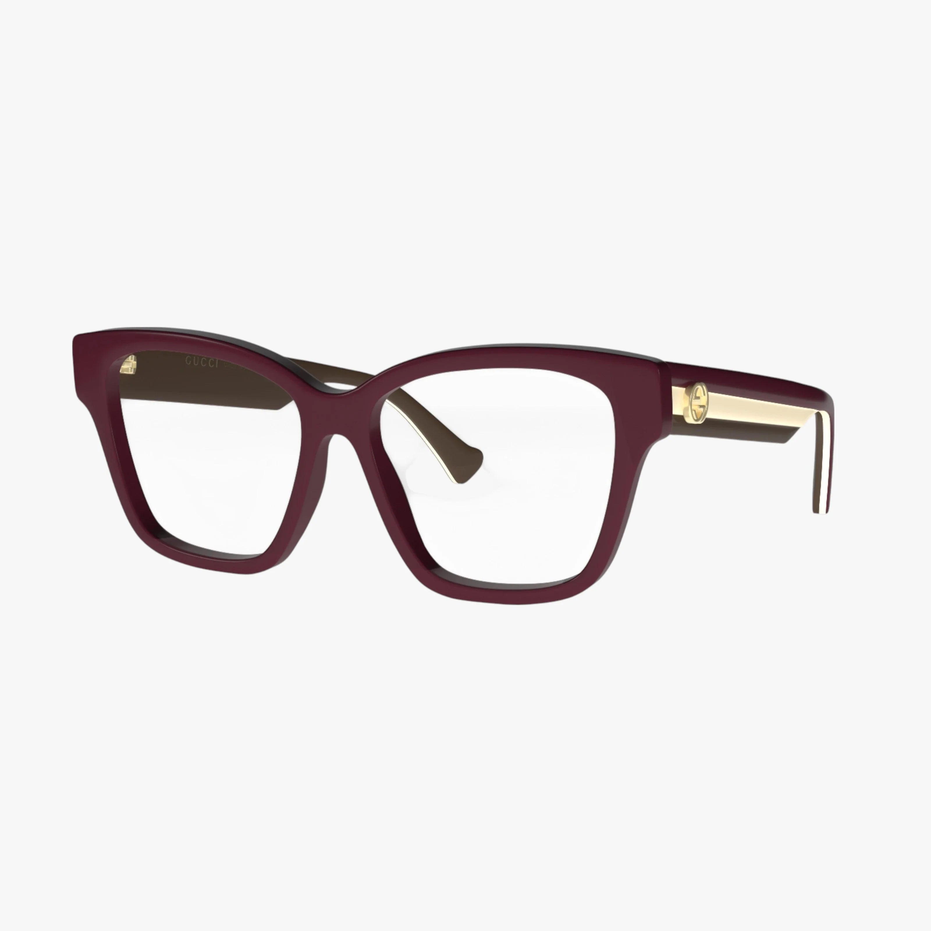 The GG1302O is a pair of stylish Gucci eyewear with thick, square dark red recycled acetate frames, clear prescription lenses, and dark temples featuring gold accents at the hinges, shown against a white background.