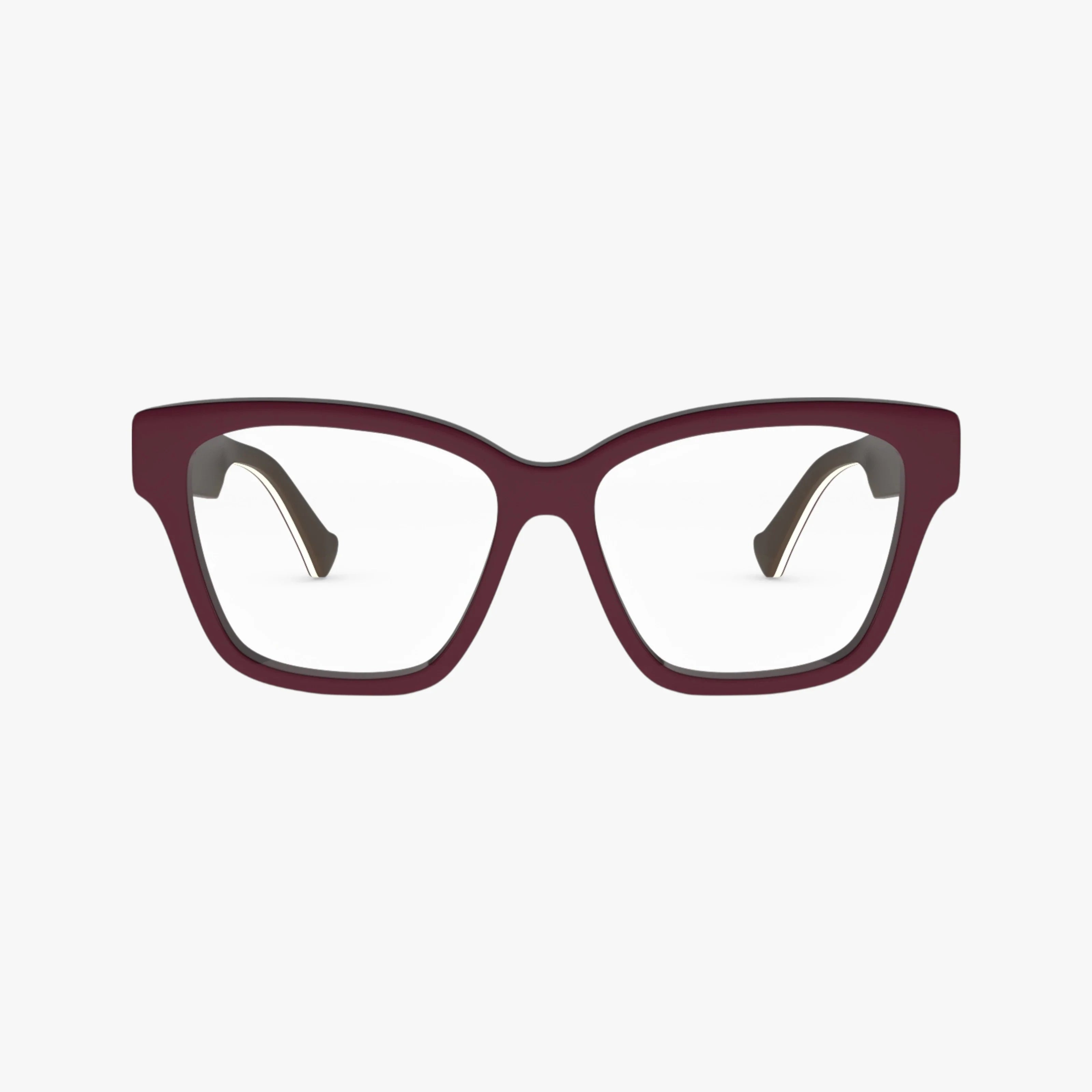 The GG1302O eyewear features rectangular dark burgundy frames made from recycled acetate and clear prescription lenses, shown against a plain white background.