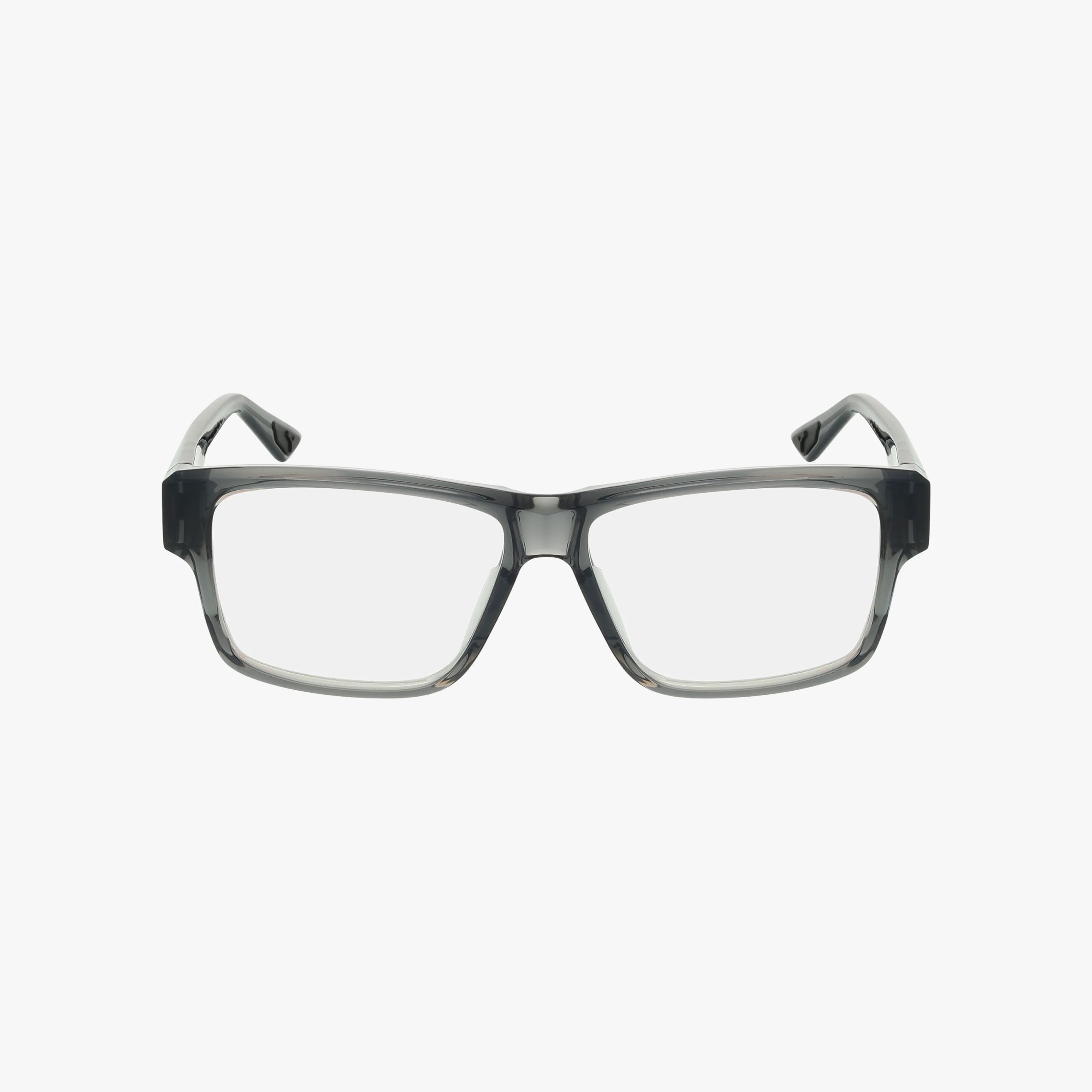 The PU0408O eyeglasses feature rectangular clear lenses and thick, durable transparent gray plastic frames, shown from the front on a plain white background.