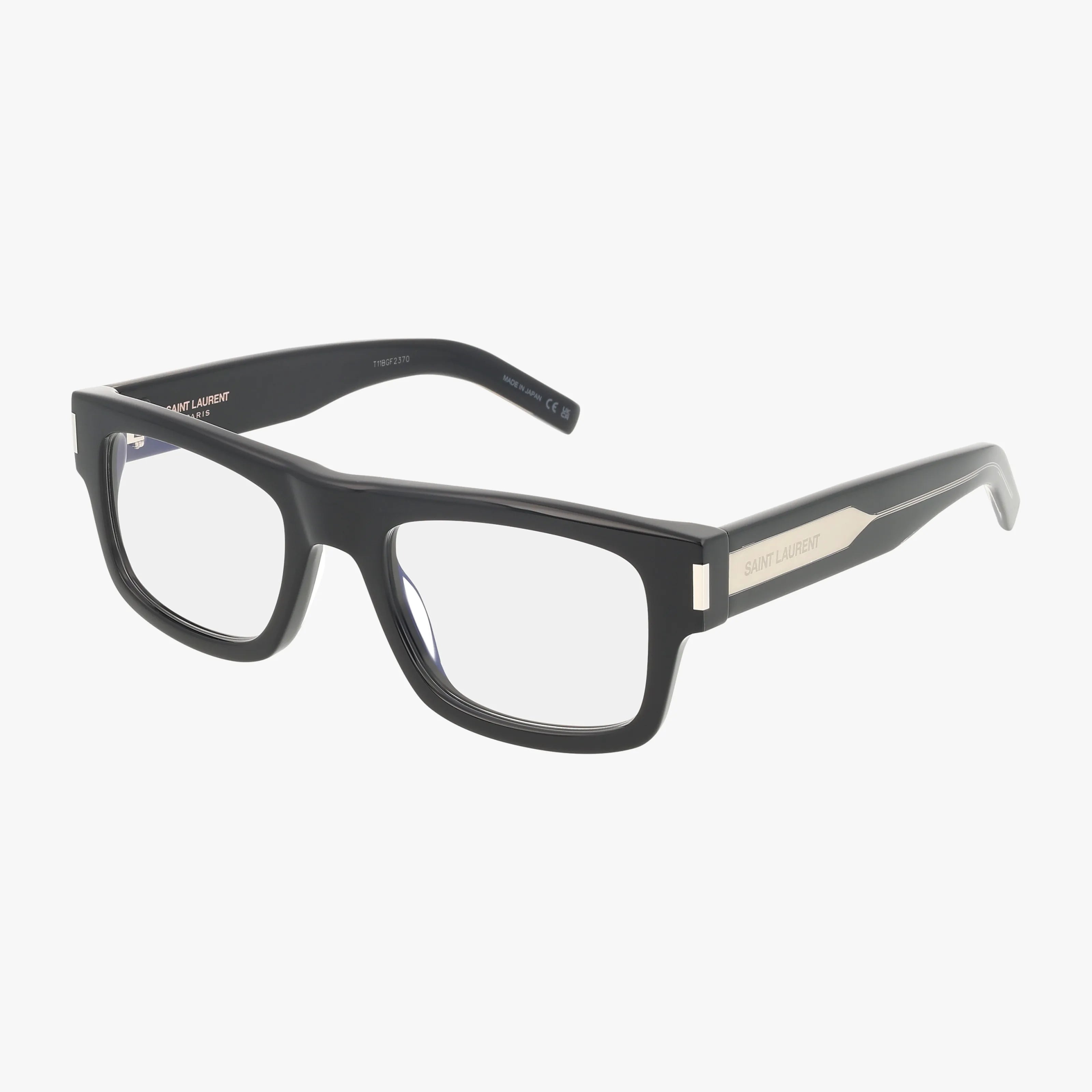 The SL 574 features black rectangular eyeglasses with thick, refined frames and clear lenses, showcasing Saint Laurent branding on the temples against a plain white background.