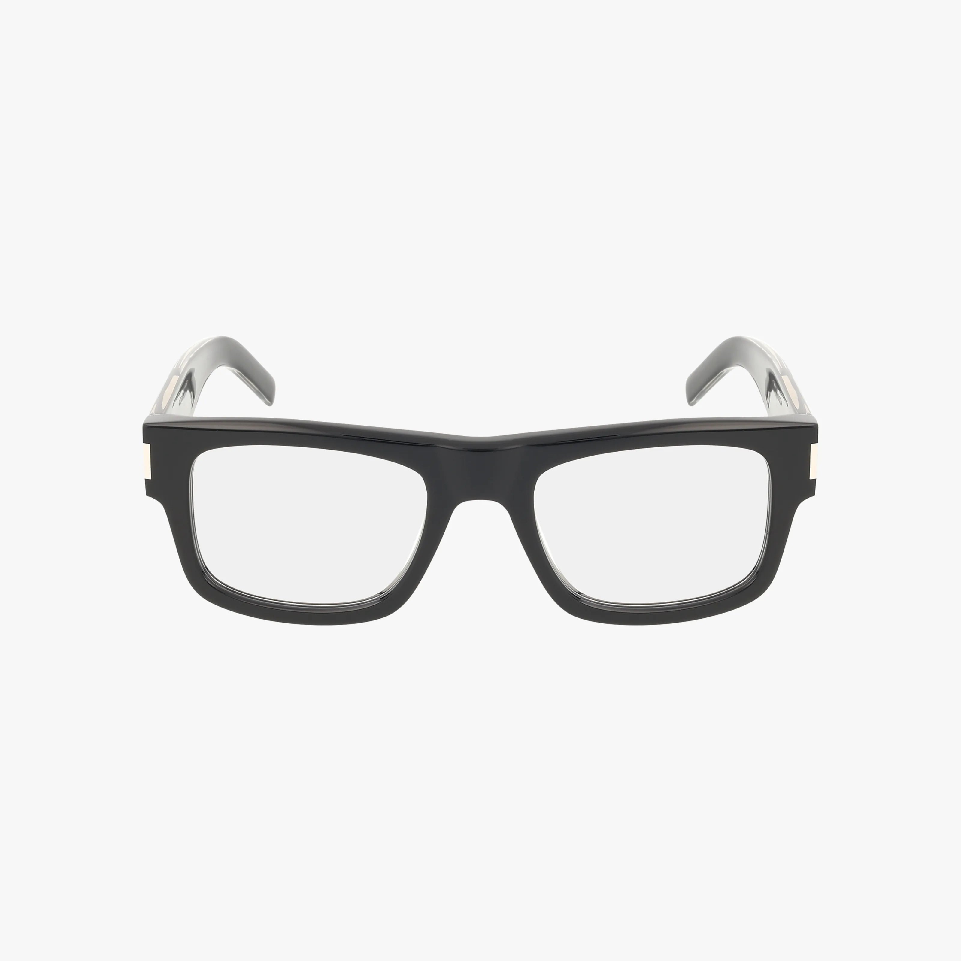 The SL 574 is a pair of black rectangular eyeglasses with clear lenses, shown from the front on a white background. The frames feature a modern, bold design and subtly curved temples for a refined look.