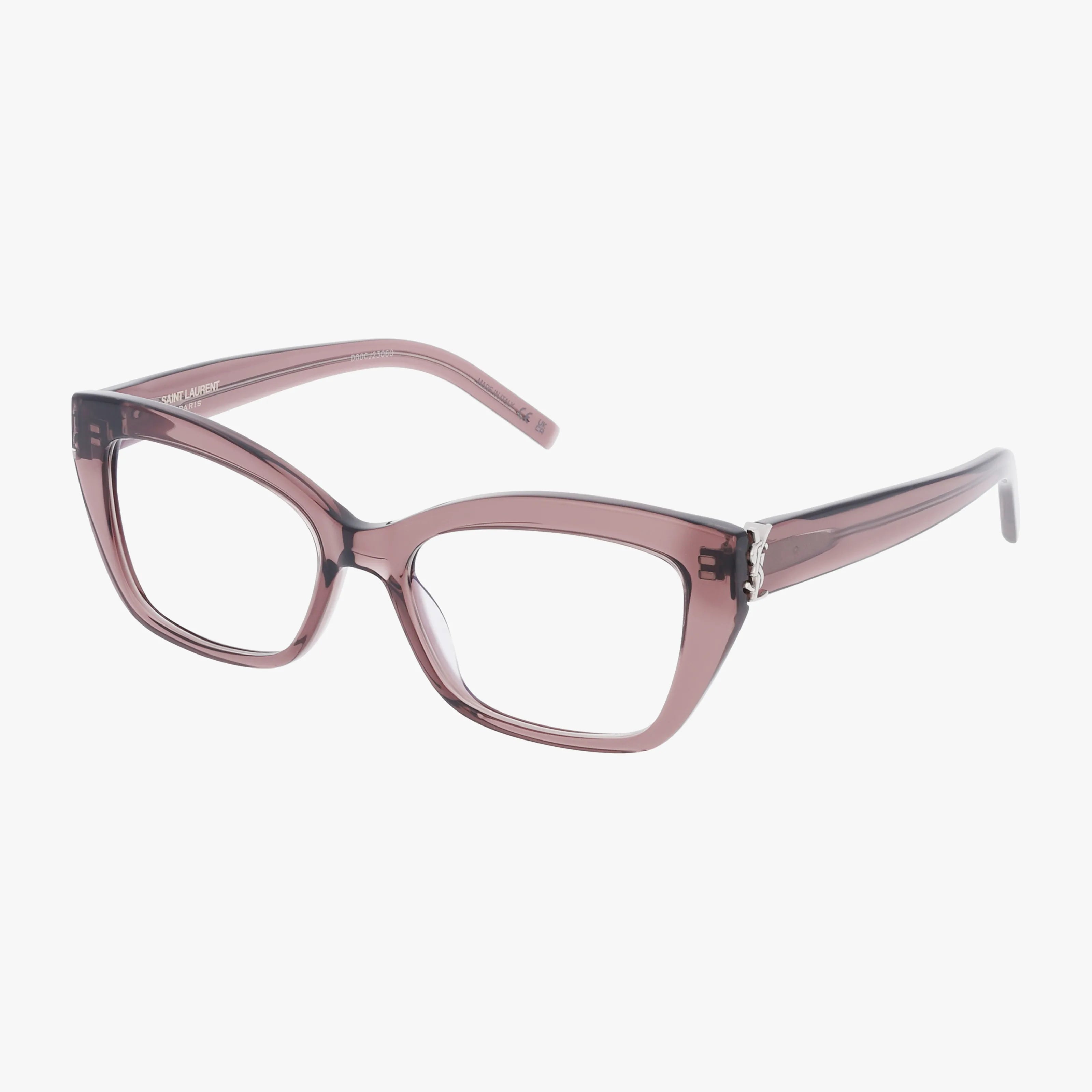 The SL M117 features translucent purple cat-eye eyeglasses with thick, lightweight frames and slightly pointed corners, highlighting quality craftsmanship.