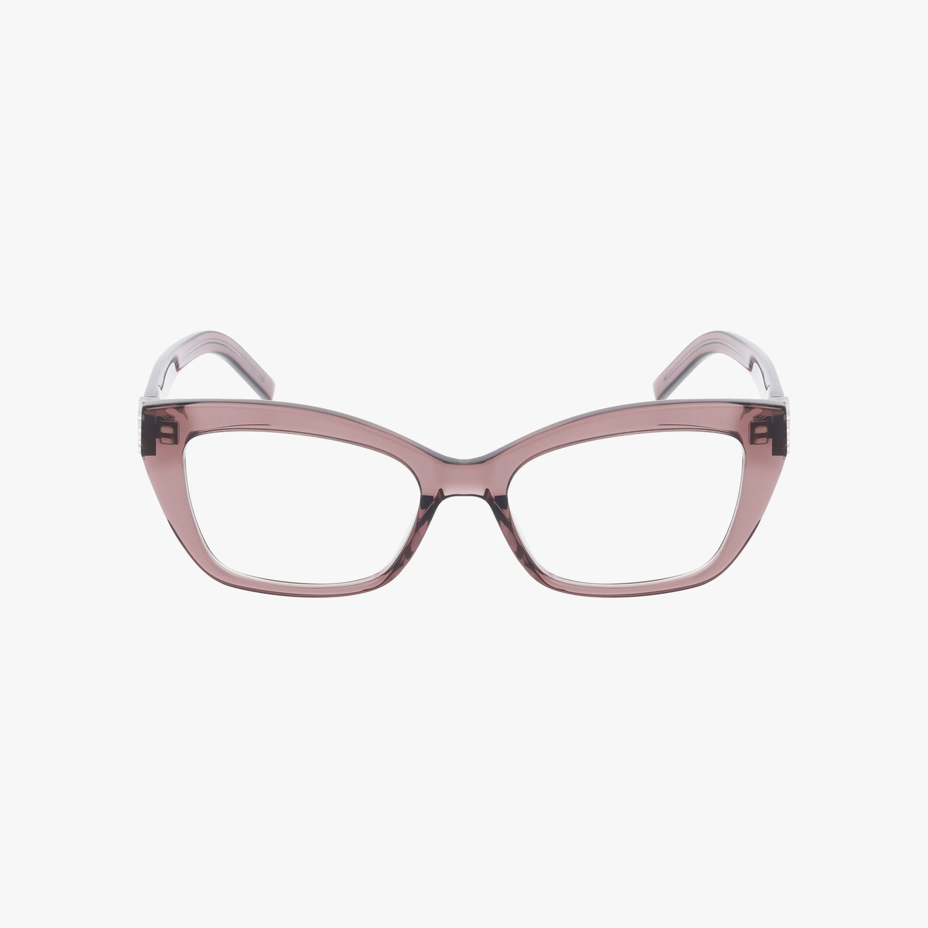 The SL M117 are pinkish-brown cat-eye glasses with transparent rims and subtly flared edges, crafted for quality and shown against a plain white background.