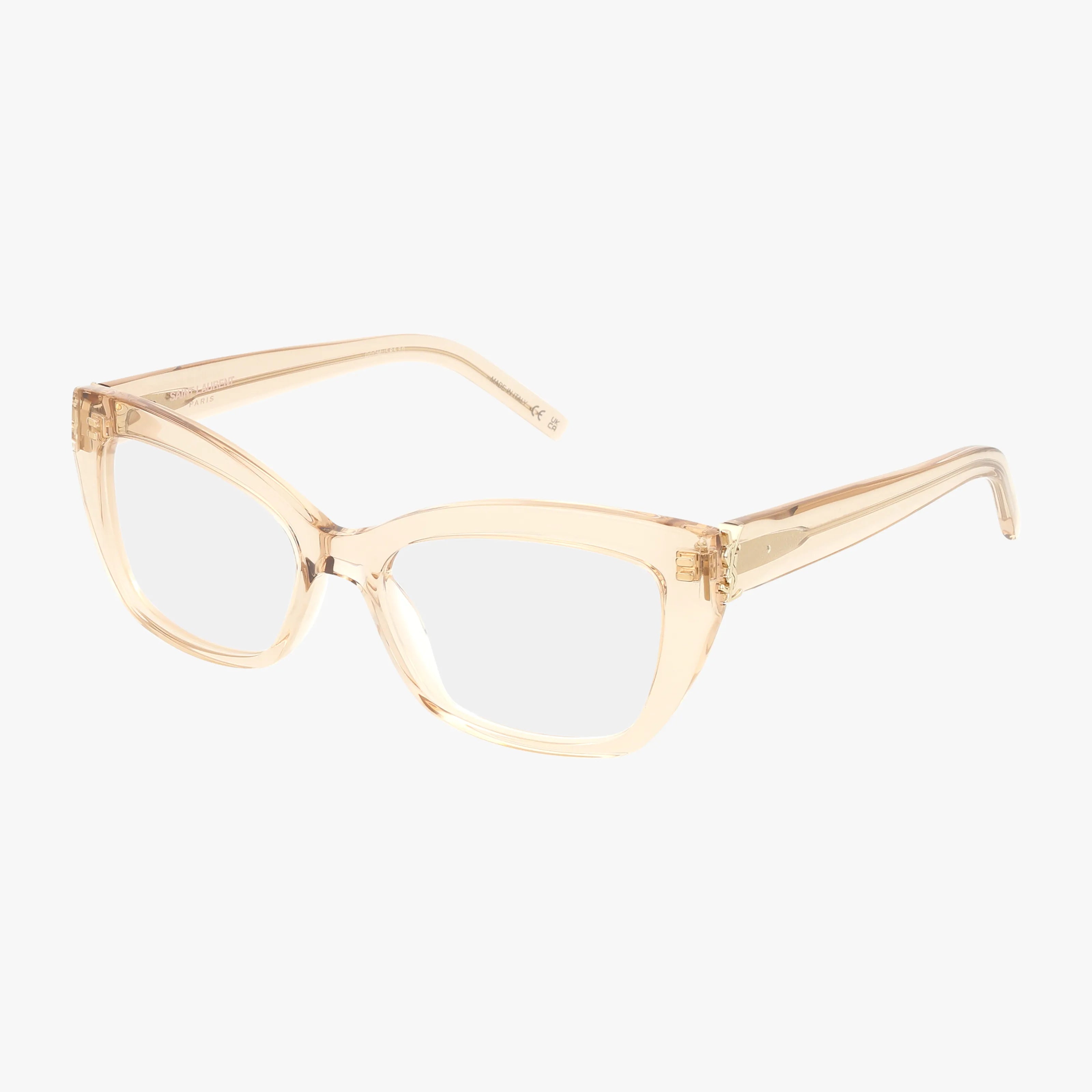 The SL M117 features clear cat-eye eyeglasses with thick, transparent beige frames and arms, highlighting quality craftsmanship, displayed on a white background.