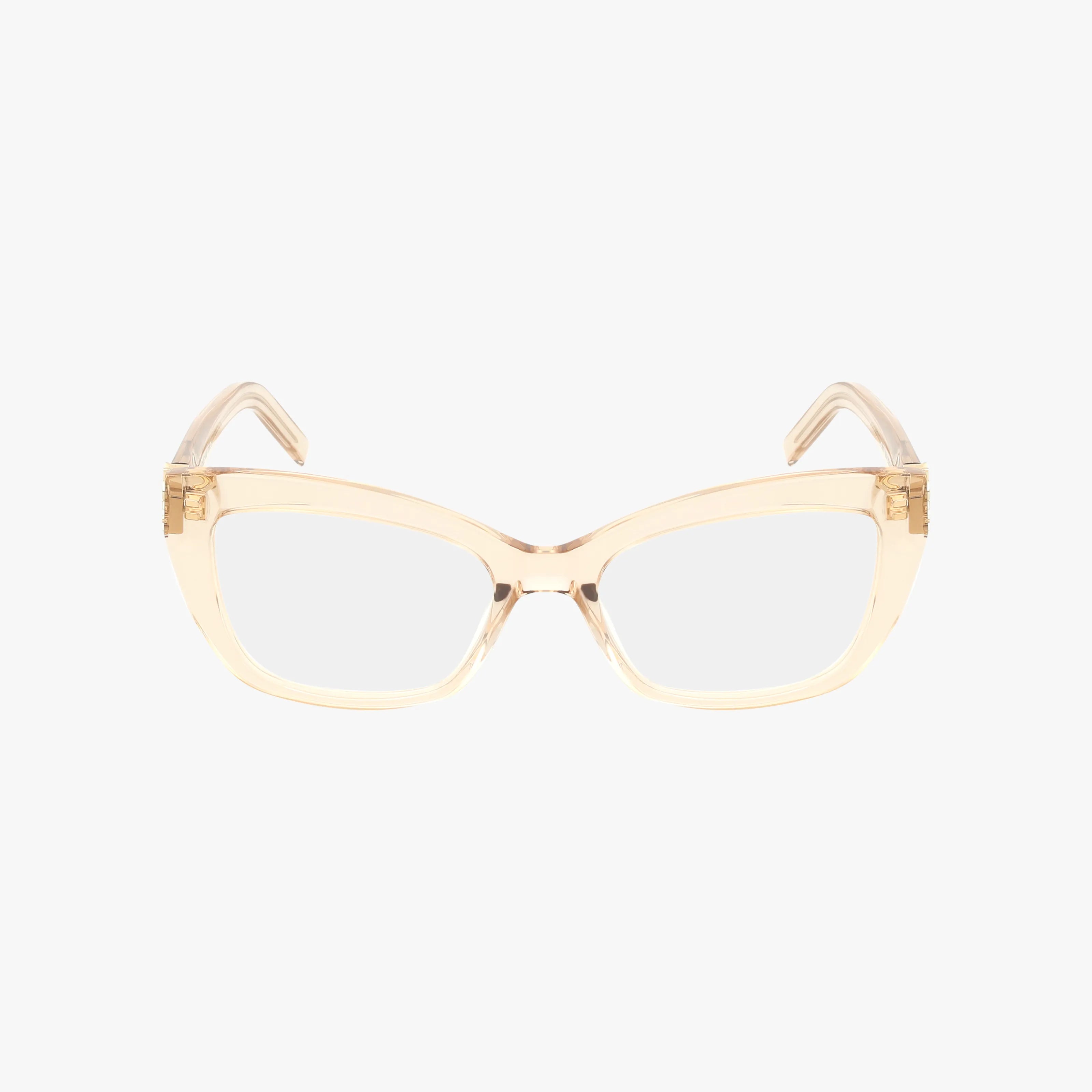 The SL M117 eyeglasses are beige, translucent, rectangular frames with a thick, lightweight design, displayed from the front against a plain white background.