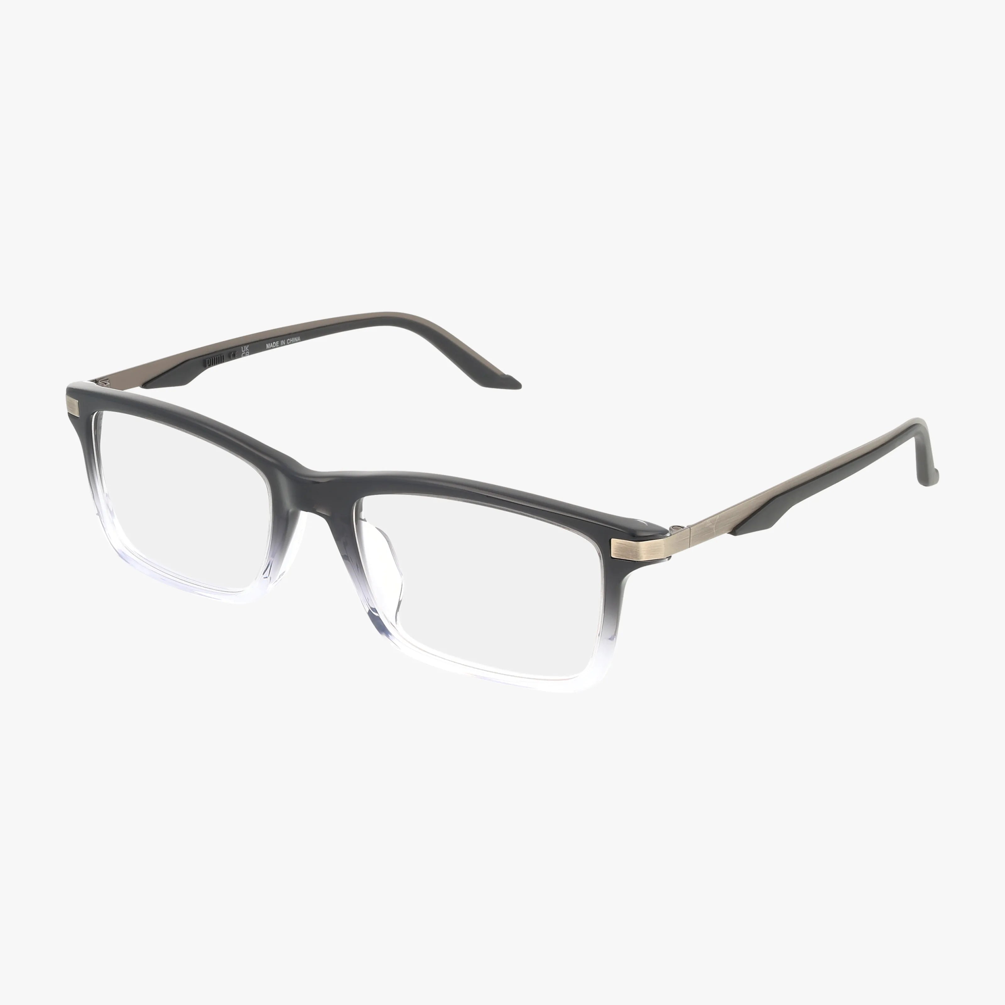 The PU0410O rectangular eyeglasses feature black-to-clear gradient frames and metallic gold temples, highlighting a contemporary design against a white background.